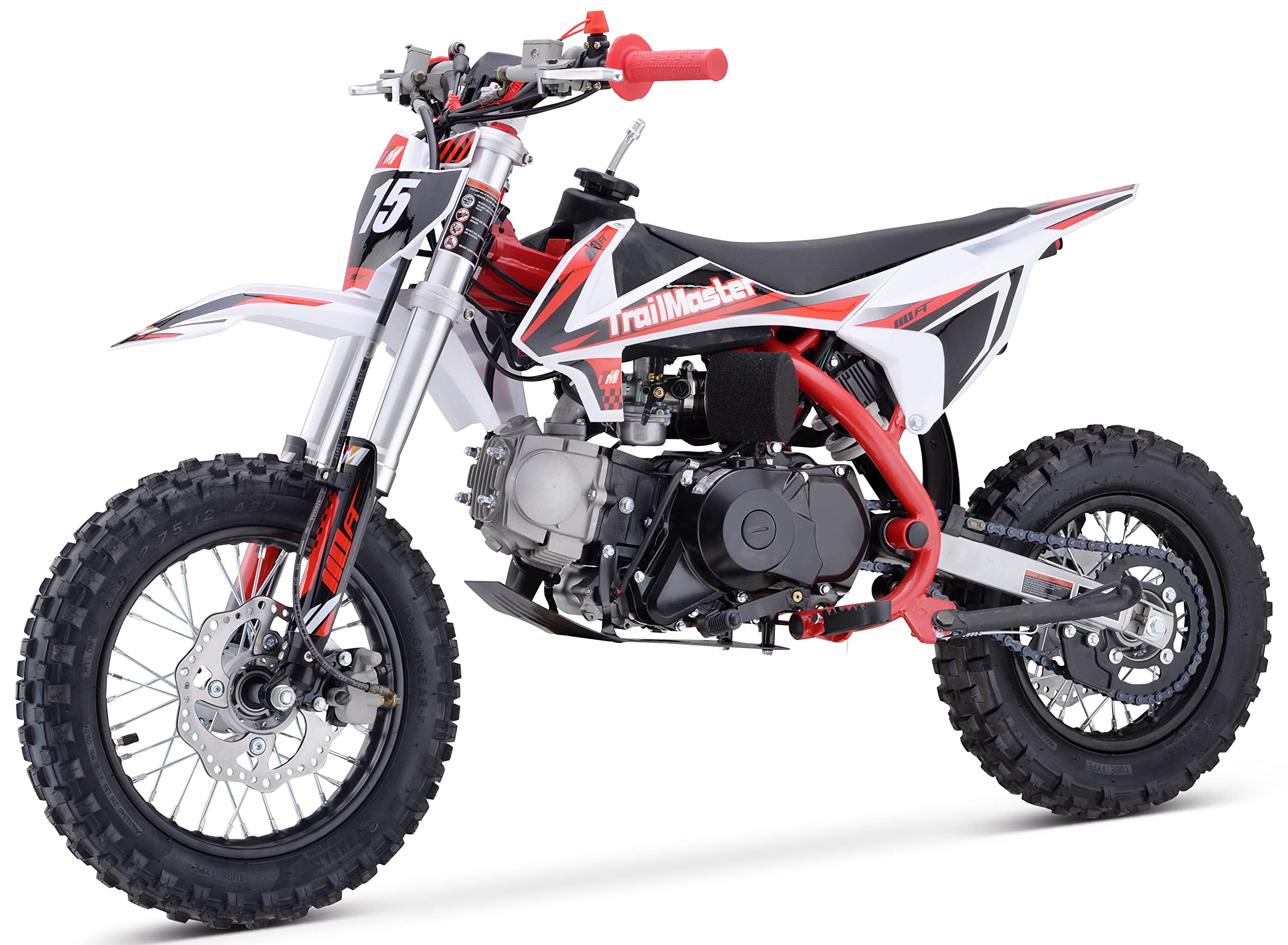 Trailmaster TM15 Dirt Bike 110cc Semi Automatic 4 Speed, 24.21 inches seat Height, Disk Brakes, Twin Spar Frame