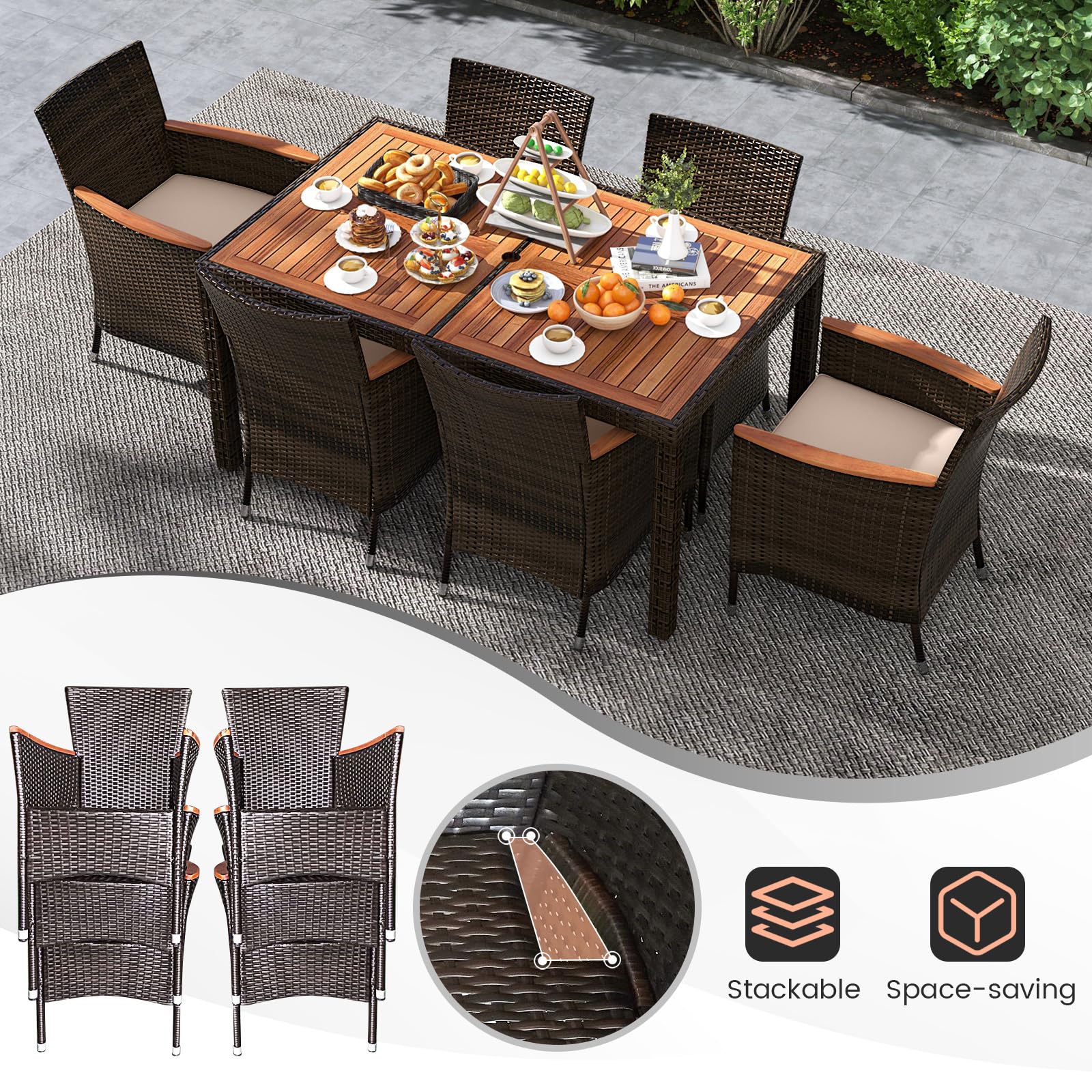 COSTWAY 7PCS/9PCS Garden Rattan Furniture Set, Patio Dining Table and Chairs Set with Acacia Wood Top, Stackable Chairs and Cushions, Outdoor Dining Wicker Conservatory Set for Balcony Lawn (7-Piece) — view 8