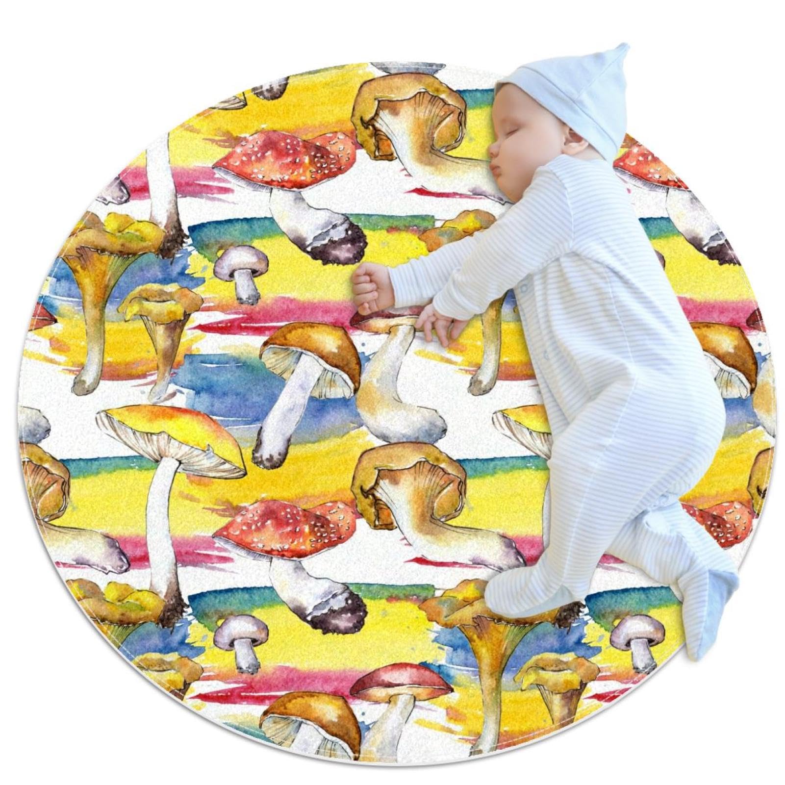 Tapis de chambre enfant rond 1m à motif champignon pour douceur au salon