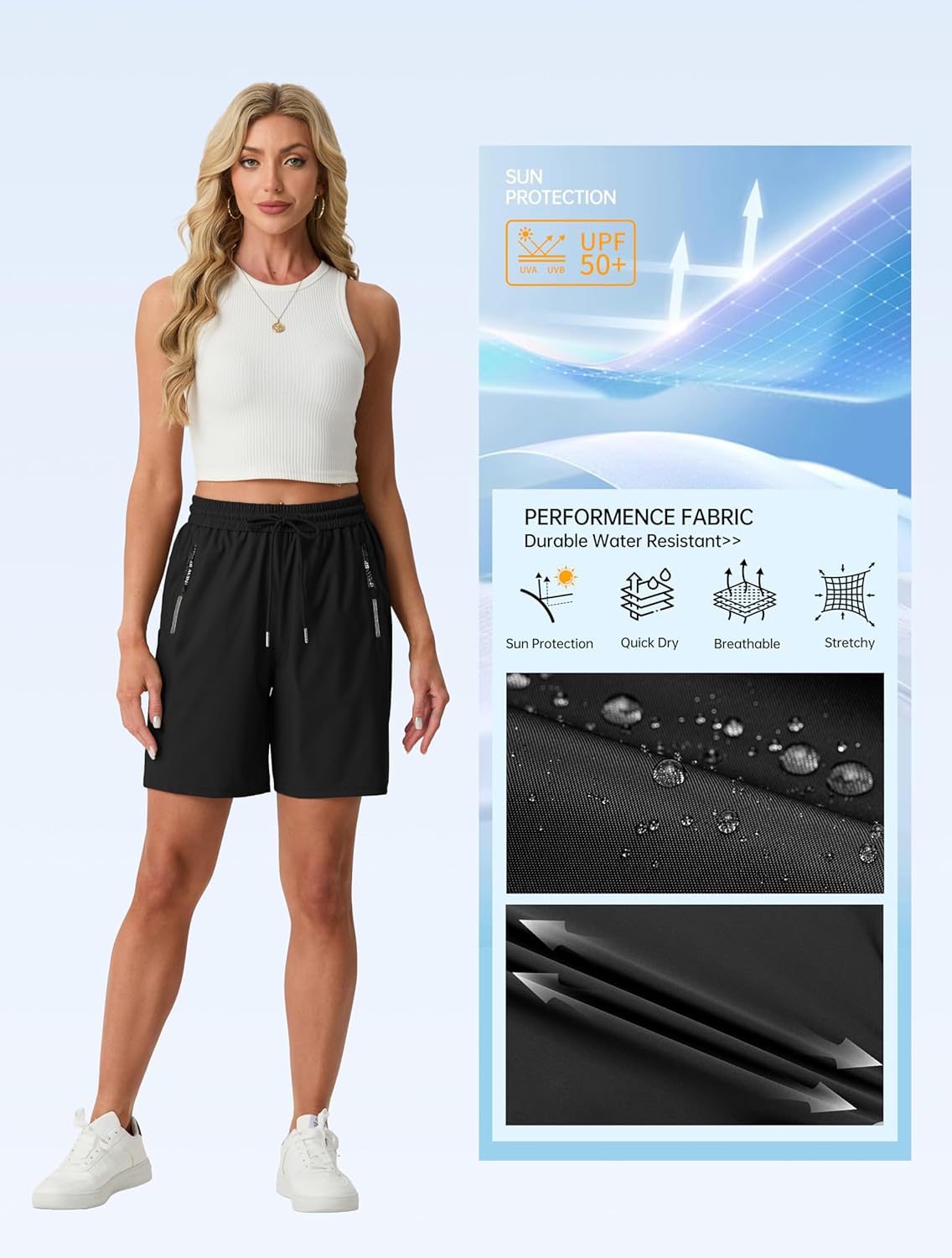 IWOLLENCE Women's 7" Hiking Shorts Stretch Lightweight Quick Dry Athletic Comfy Summer Long Shorts with 2 Zipper Pockets