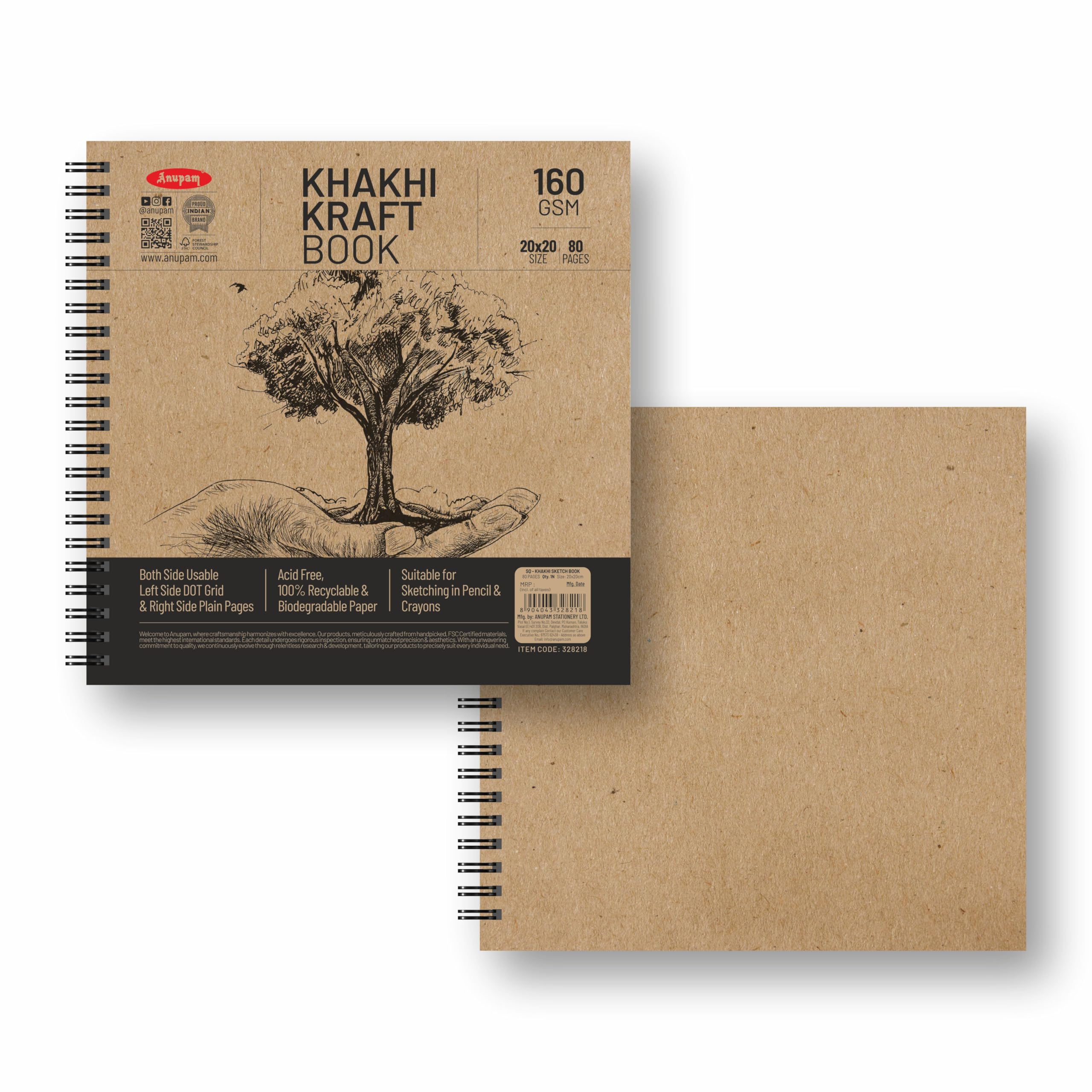 Anupam Khakhi - Libro de papel kraft 100% reciclado Wire-O de 160 g/m², 80 páginas, cuadrícula de puntos por un lado y otro lado liso (tamaño cuadrado)