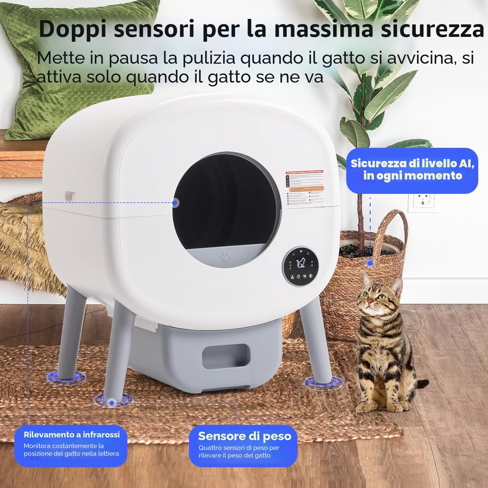 Fsitego Lettiera autopulente: lettiera automatica extra large autopulente per più gatti, inodore, controllata da app, smaltimento dei rifiuti di luce ambientale