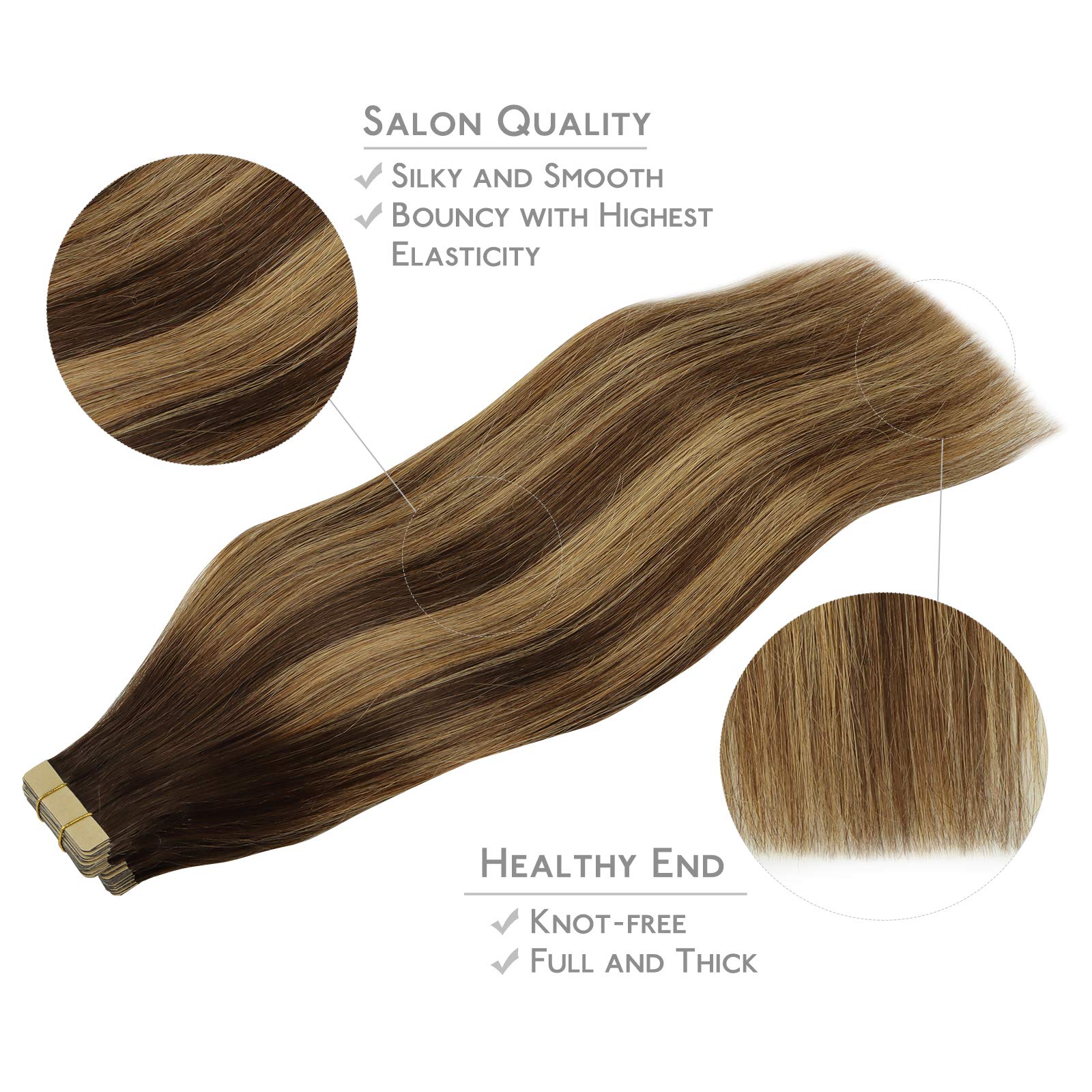 WENNALIFE tape Real Hair Extensions, 20 Pieces, 50 g, 40 cm/16 Inches, Balayage Chocolate Brown to Caramel Blonde, Remy - Image 4