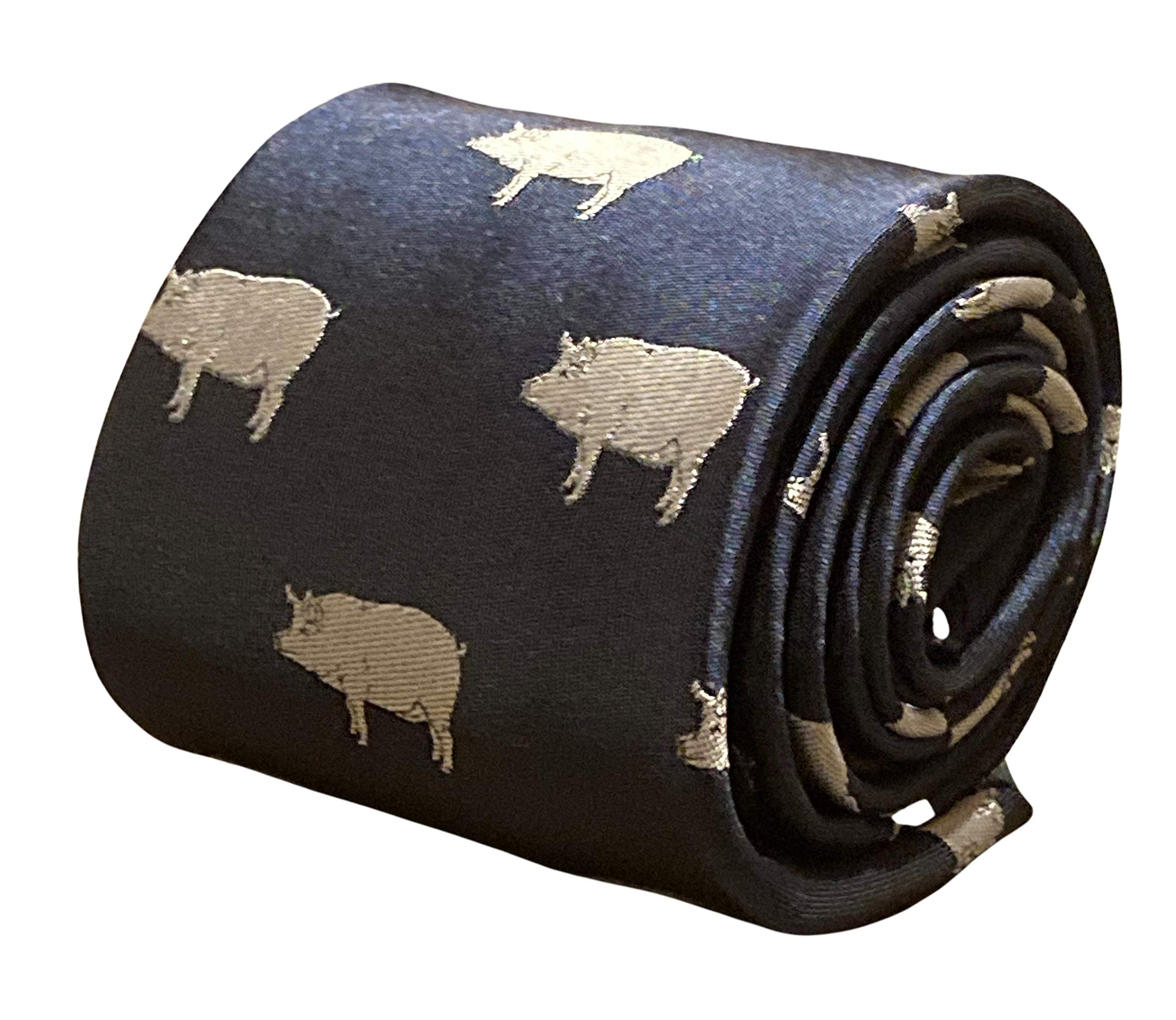 Frederick Thomas Men’s Navy Blue Tie with Pig Silhouette Farmyard Design, Classic 8cm width 147cm Length Neckwear Ideal for Office, Formal Events, Weddings, and Gift for Men