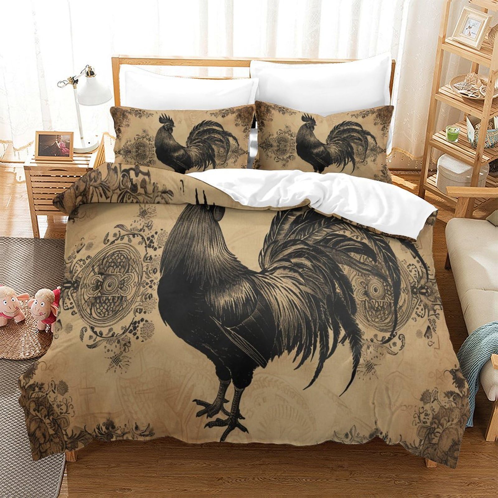 P1s9u7w5y Gallic Rooster-2 Rustic Rooster 3D Printed Duvet Cover Set 3Pcs Microfiber Vintage Animal Bedding Set Double（200X200cm）