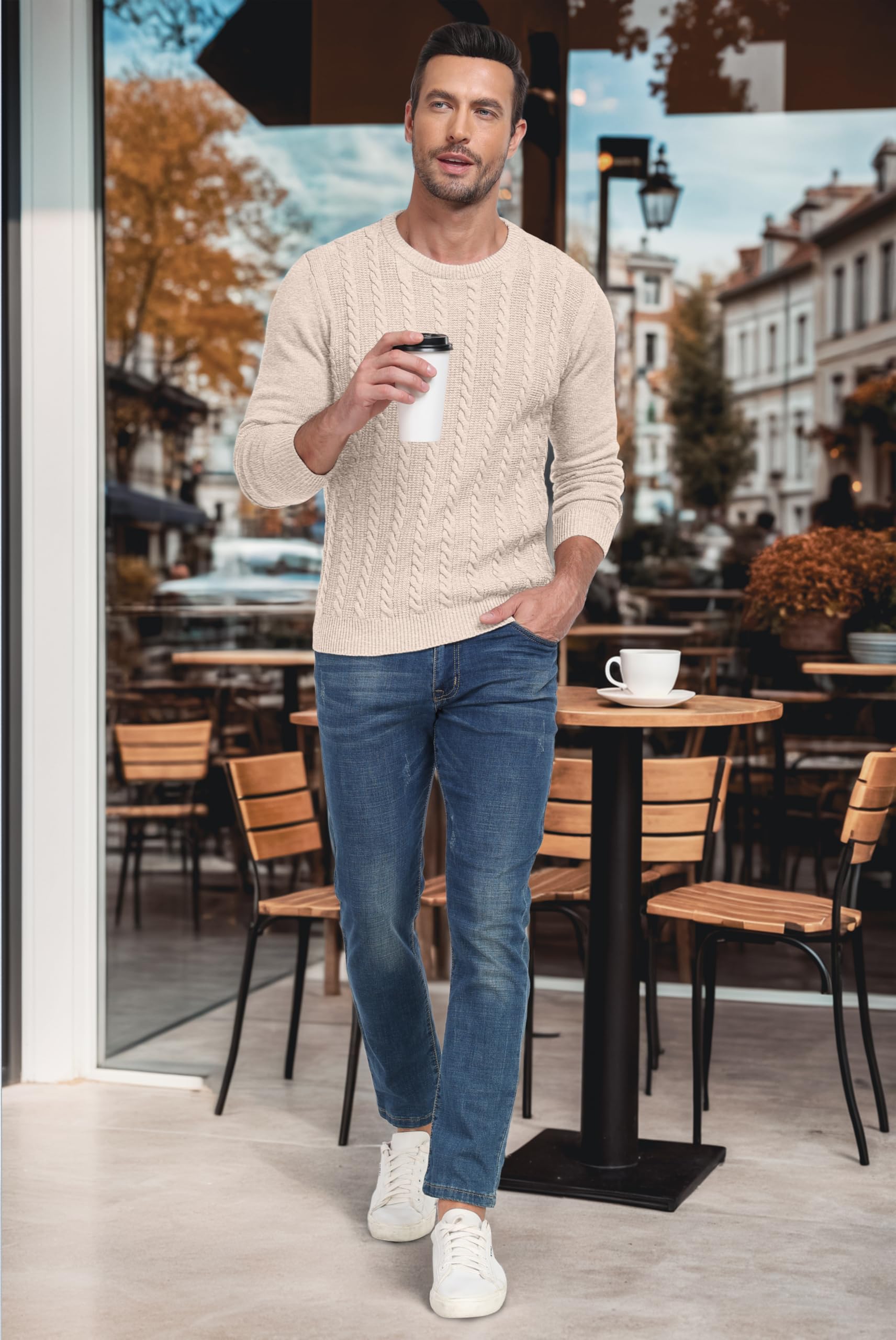 Hisir Maglione da uomo a maniche lunghe, invernale, caldo, a girocollo, lavorato a maglia