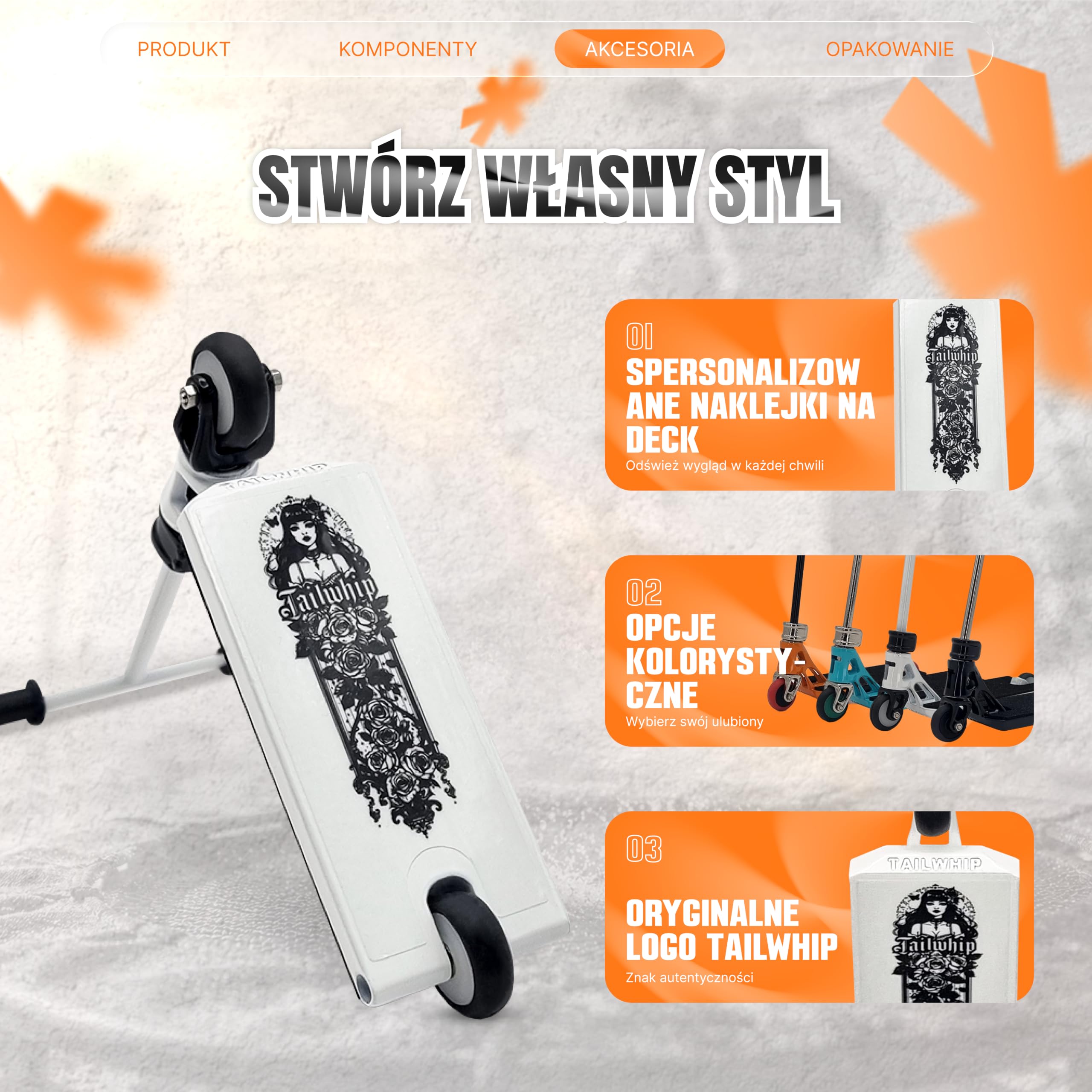 TAILWHIP Pro Finger Scooter z łożyskami kulkowymi – bez zabawy, cicha praca, naklejka na pokład do indywidualizacji, wytrzymała metalowa hulajnoga trick Scooter dla dzieci i dorosłych, biała