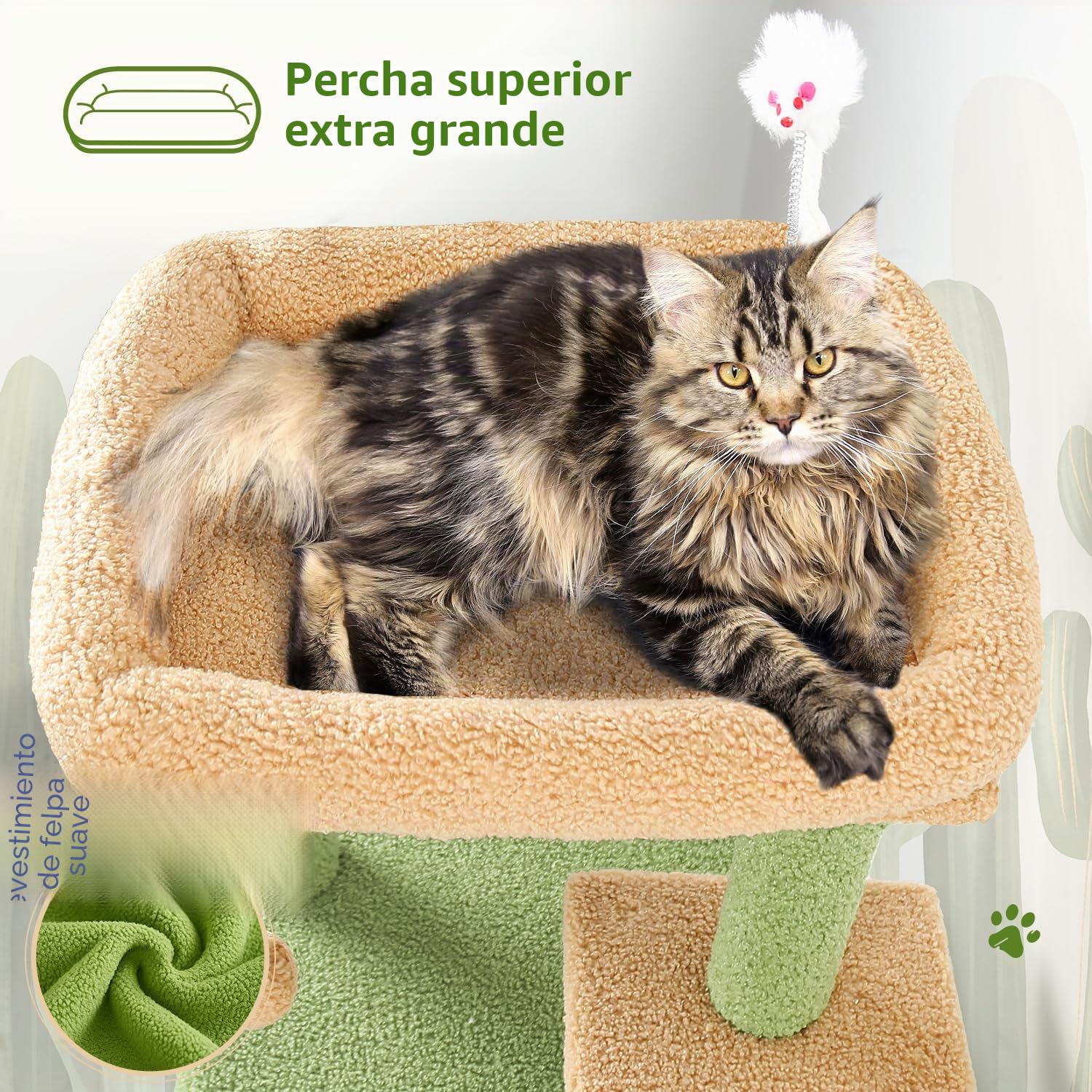 Globlazer Árbol Rascador Cactus Verde con 2 Nidos, Plataformas Acolchada, Felpa Gatos Juquetes, Estable Rascador Fácil de Escalar Grande Gato Viejo Gatitos Descansar Jugar Interior (FC50, Verde)