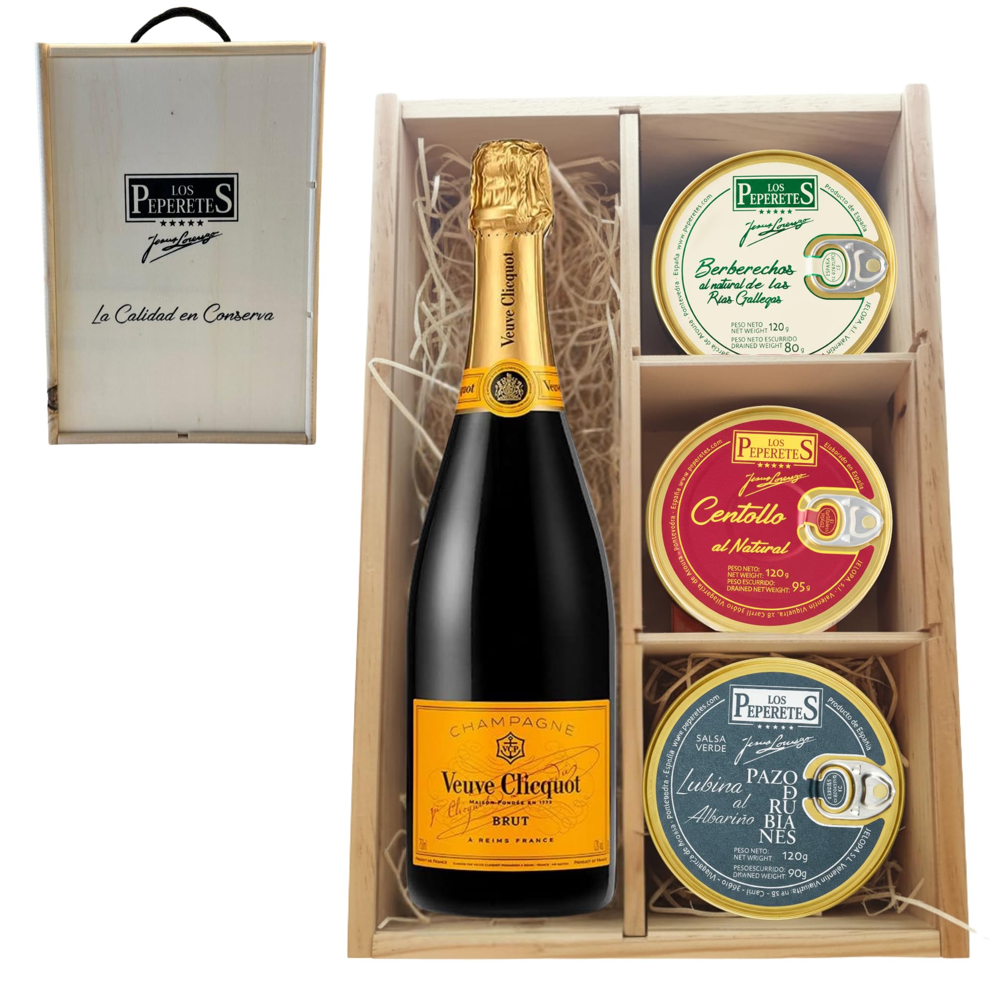 LOS PEPERETES Pack Superior Marisco Gallego con Champagne Veuve Clicquot | Berberechos ×2 · Centollo ×2 · Lubina al Albariño ×2 | Lote Gourmet Premium