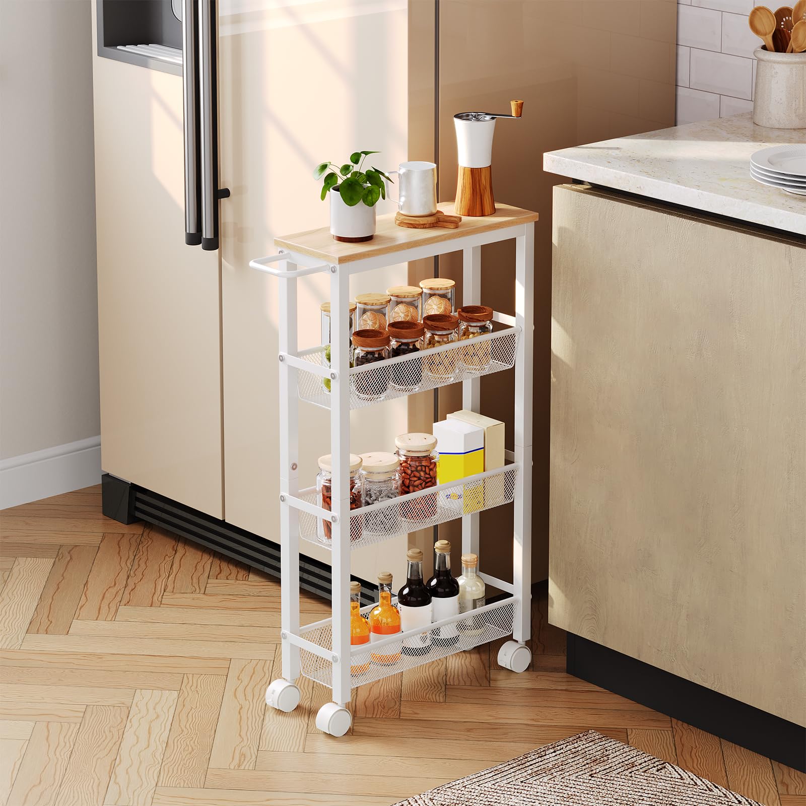 HOOBRO Carro de Servicio de 4 Niveles con Ruedas y Patas Ajustables, Carrito con Ruedas y Paneles Laterales, Carro de Cocina, Carrito de Bar, para Cocina, Salón, Blanco y Madera Natural EWN71TC01