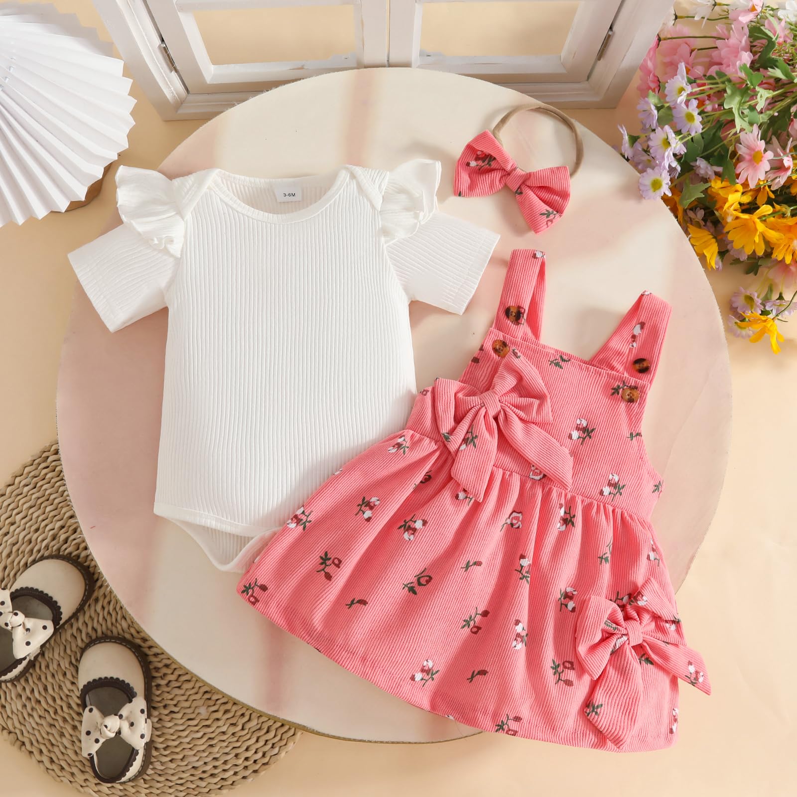 Conjuntos Falda Para Niña Recién Nacida Blusa de Manga Corta y Falda con Tirantes y Lazo Ropa de Verano Para Niña Bebé — view 3