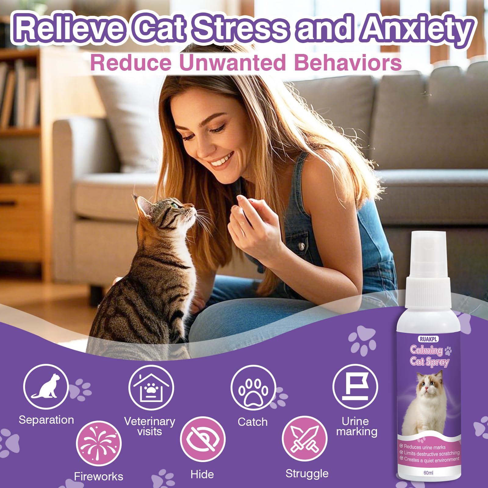Cat Calming Spray 60 ML 2 Pack Calming Solution for Cats Cat Pheromone Spray Reduces Stress Anxiety Scratching Calming Spray for Cats Good for Home Travel Cat Pheromones Calming Spray - image 3