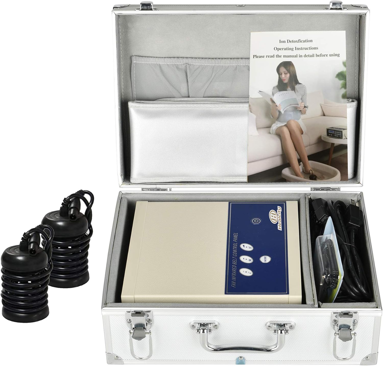 Healcity Ion Ionic Detox Foot Bath Machine System neatly packed in its aluminum carrying case, showing the main unit, arrays, and accessories.