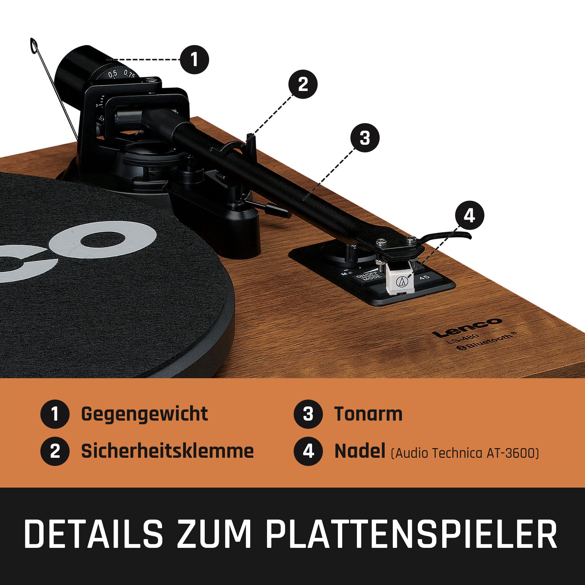 Lenco LS-480WD - Plattenspieler mit Lautsprecher und Bluetooth | LS-480 - Schallplattenspieler - Vinyl Player - 2 x 30 - Riemenantrieb - Vorverstärker - MDF-Gehäuse