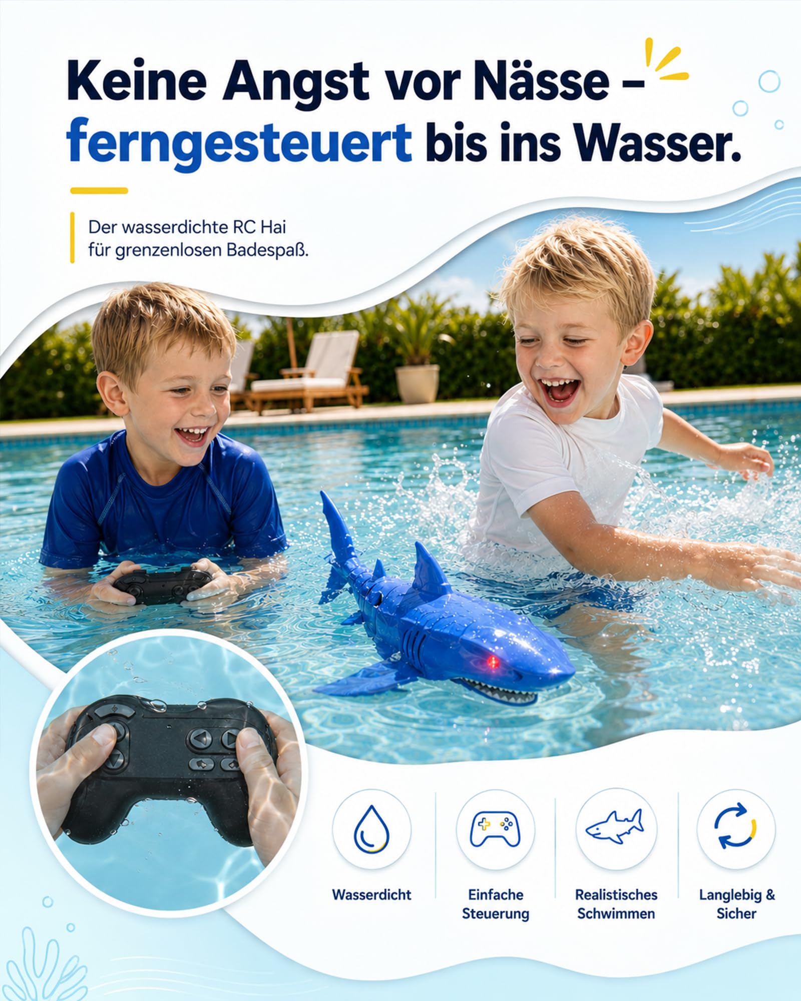KOKODI RC Robo-Hai ab 3 Jahren – Ferngesteuerter Schwimmhai mit LED-Augen, 30 Min Laufzeit, spritzwassergeschützte Fernbedienung, USB-C-Ladeanschluss – für Pool & Strand(Hellblau)