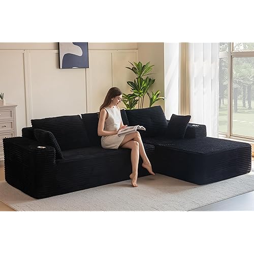 MAXYOYO 104" Modular Sectional Couch with L-Shape Chaise, Modern Boneless Couch for Living Room, Sofa in A Box, Oversized Sofa Sleeper with Deep Seat, No Assembly Required, Black