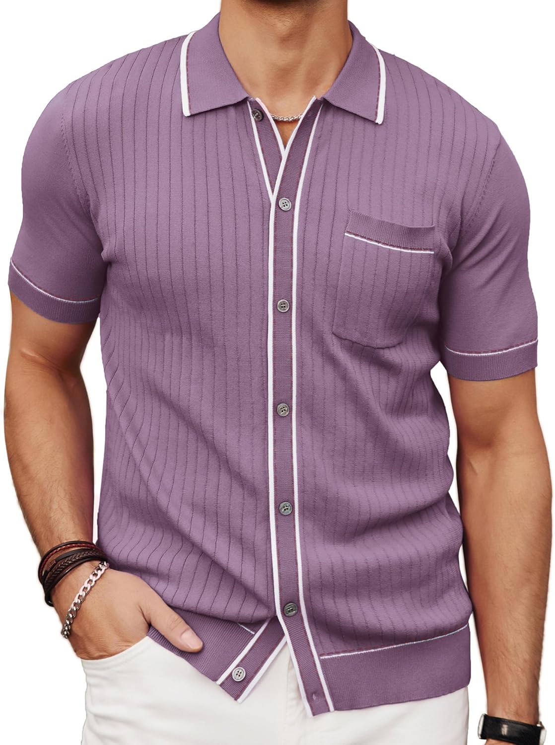 PJ PAUL JONES Mens Knit Shirts Short Sleeve Button Down Casual Shirt Vintage Old Money Polo Shirts Vacation Beach Tops
