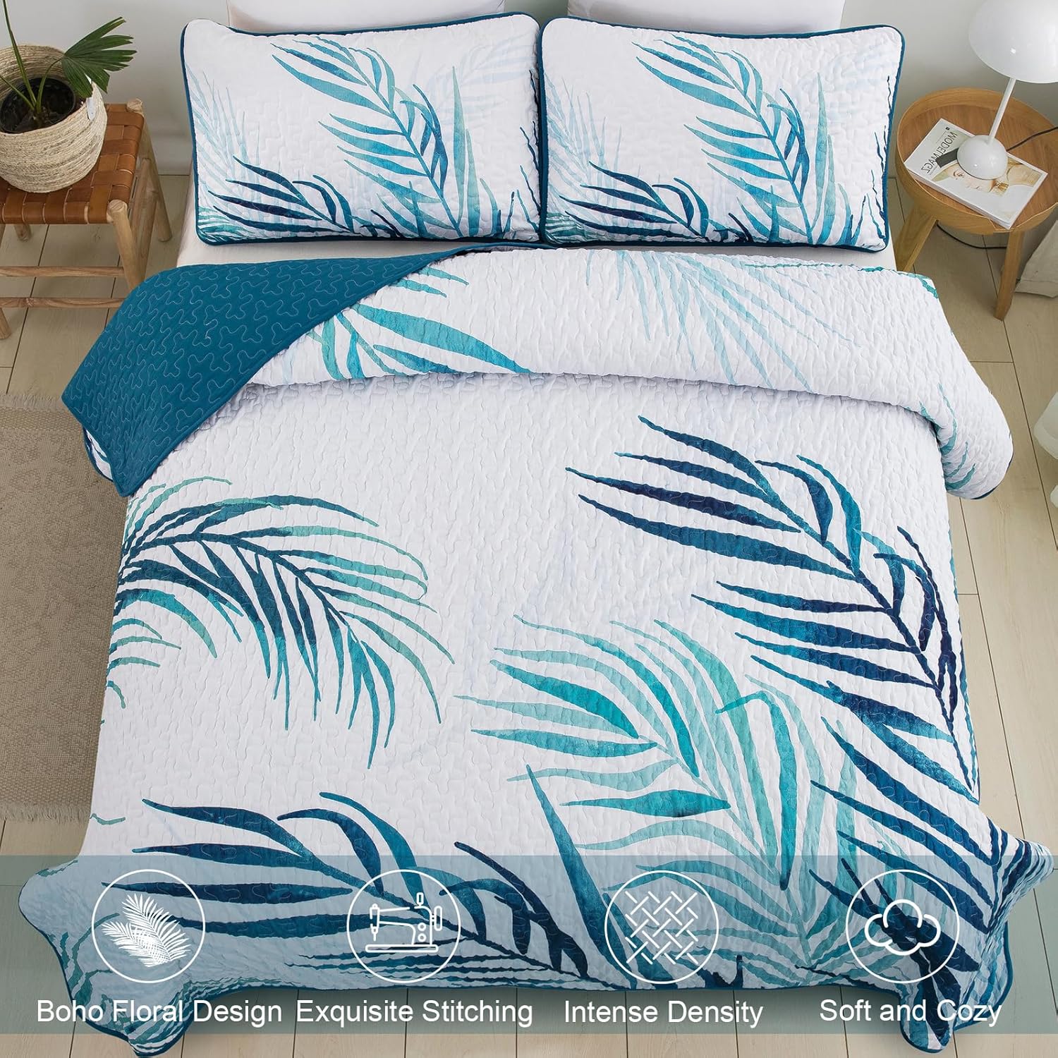 Goodidea Botanical Quilt Set King,3 Pieces Teal Blue Palms Tree Bedspread Reversible Lightweight Soft Microfiber Navy Bedding Set with 2 Pillowcases for All Season(King,104"x90") - Image 3
