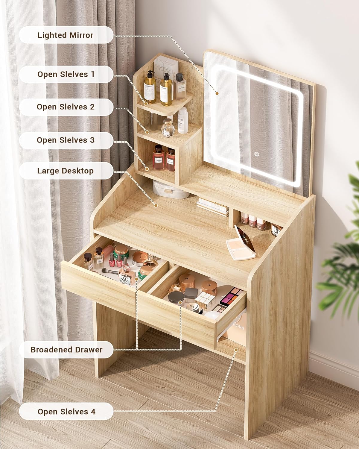 Vanity Desk with LED Mirror, Small Makeup Vanity with Open Shelves, Dressing Table for Bedroom, Wooden
