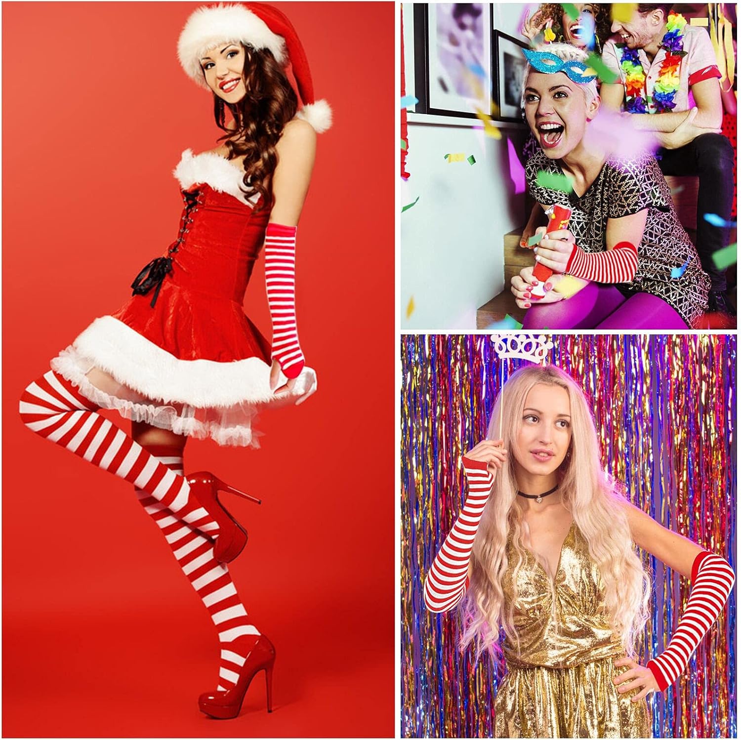 Elfcool 2/4 Sets Womens Long Striped Knee High Socks Knit Fingerless Arm Warmers for Halloween Christmas - Image 6