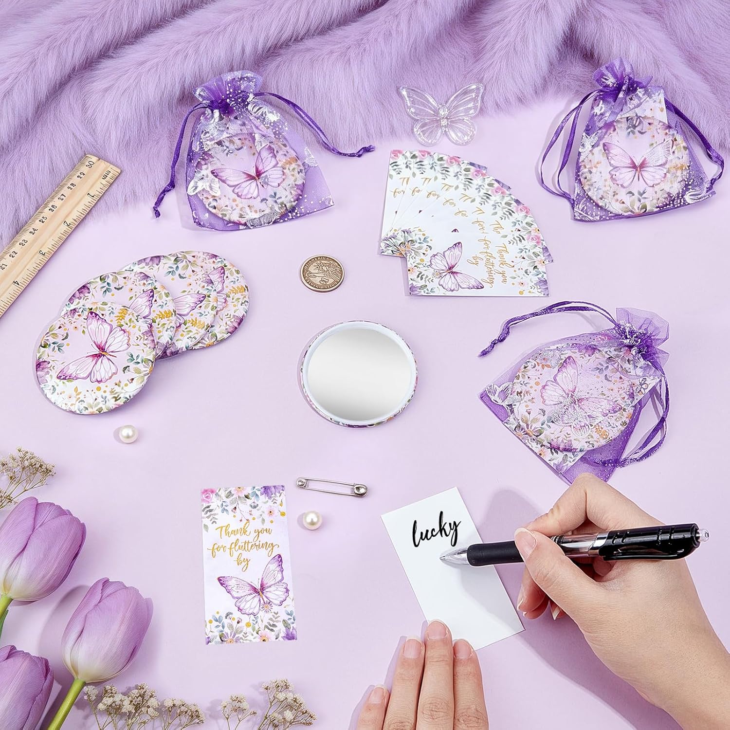 peacoblue 48 Set Purple Butterfly Compact Pocket Mirror Bulk with Thank You Cards Gifts and Bags 4.72x3.54 Inch for Wedding Party Favors, Bridal Shower, Gender Reveal, Quinceanera