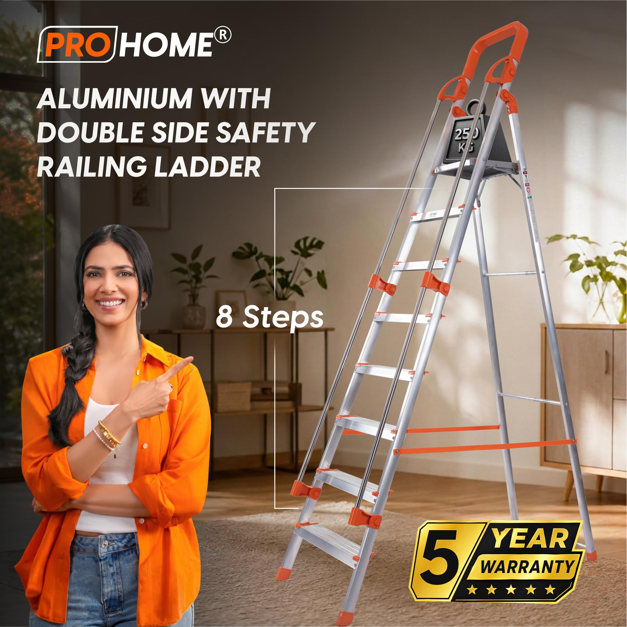 PROHOME Aluminium Ladder for Home 8 Steps Foldable with Railing & Anti-Skid Wide Steps | 8 Step Ladder for Home Use, Kitchen & Household | 270 Kg Capacity Folding Ladder | 5 Year Warranty (Orange) — Amazon image 2