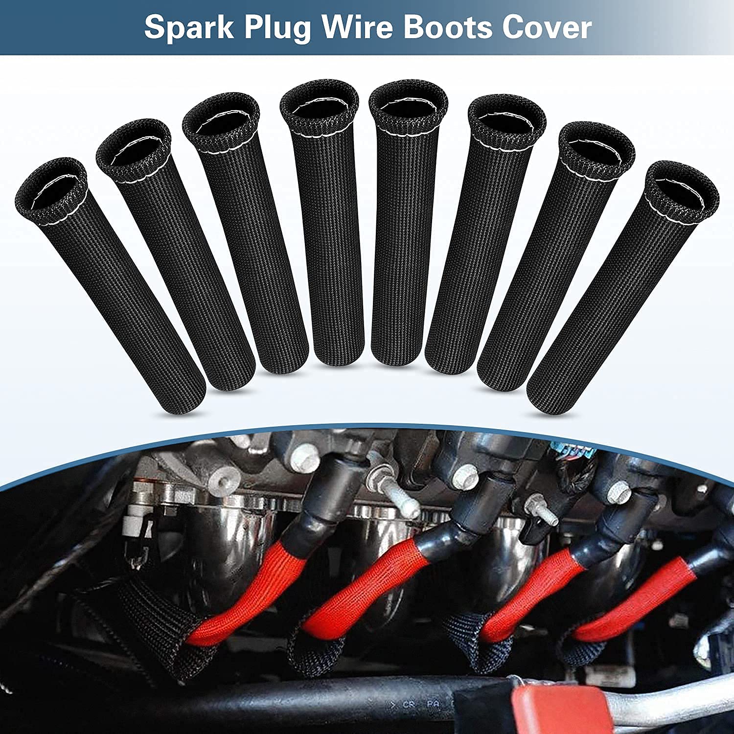 8pcs 2500 Degree Spark Plugs Wire Boots, Heat Shield Sleeves Protector Cover, Heat Shield Thermal Protection, Compatible with SBC BBC 350 454, Black