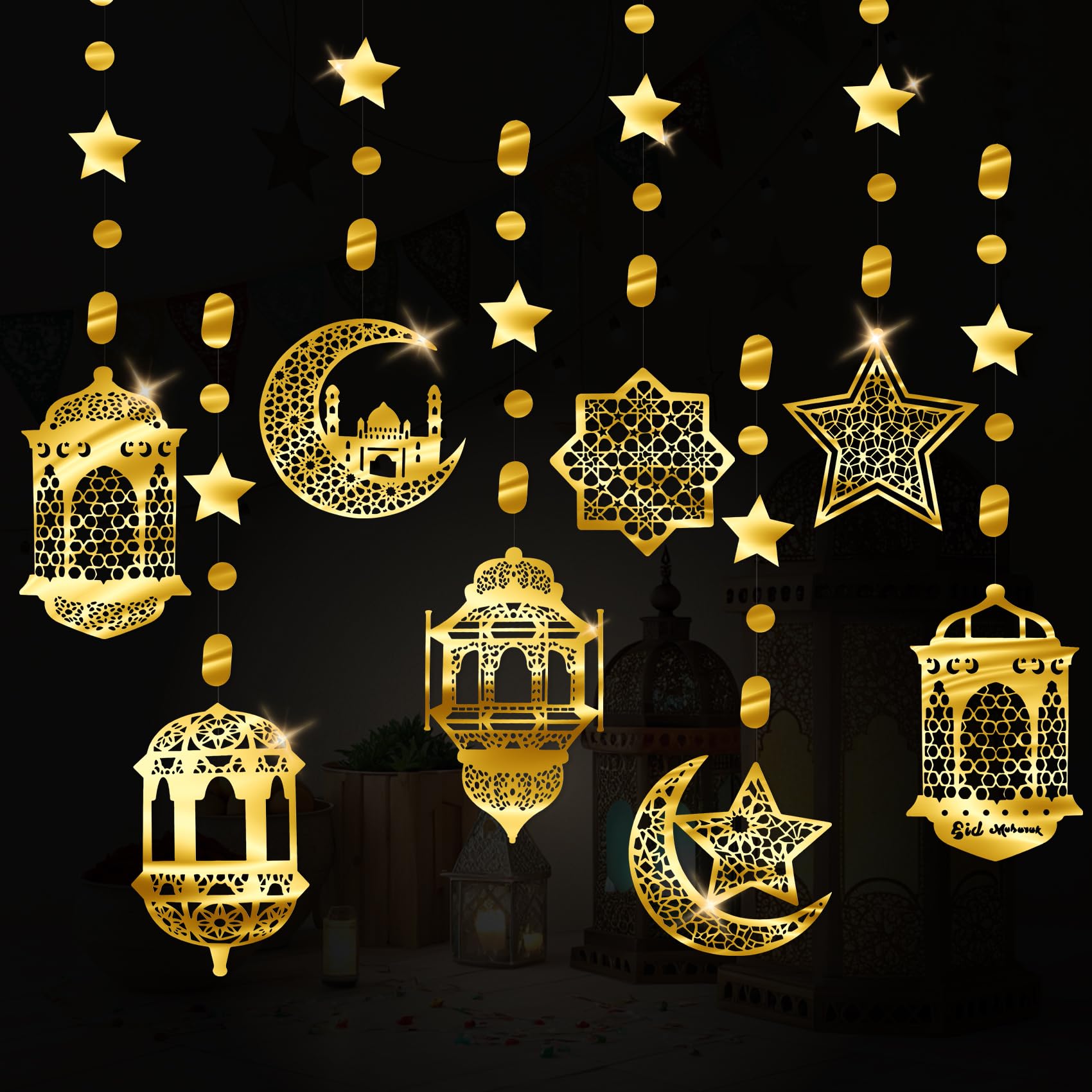 Ramadan Decorations, Eid Decorations For Home, Ramadan Banner, Ornaments Hanging Crafts, Hanging Golden Islamic Star Moon Lantern For Islamic Muslim Al-Fitr Party Supplies
