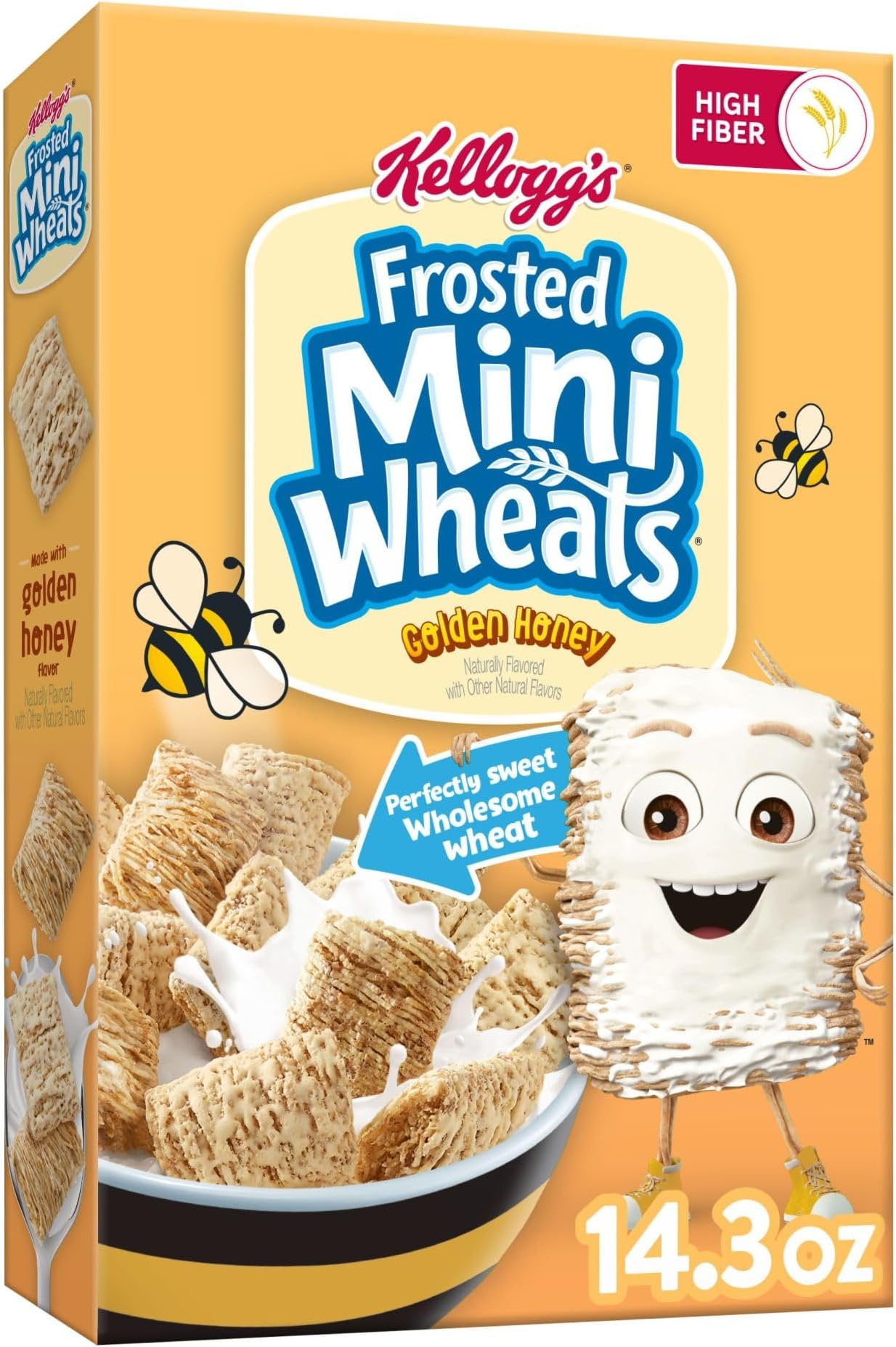 Kellogg's Frosted Mini Wheats Cold Breakfast Cereal, Fiber Cereal, Kids Snacks, Golden Honey, 14.3oz Box (1 Box)