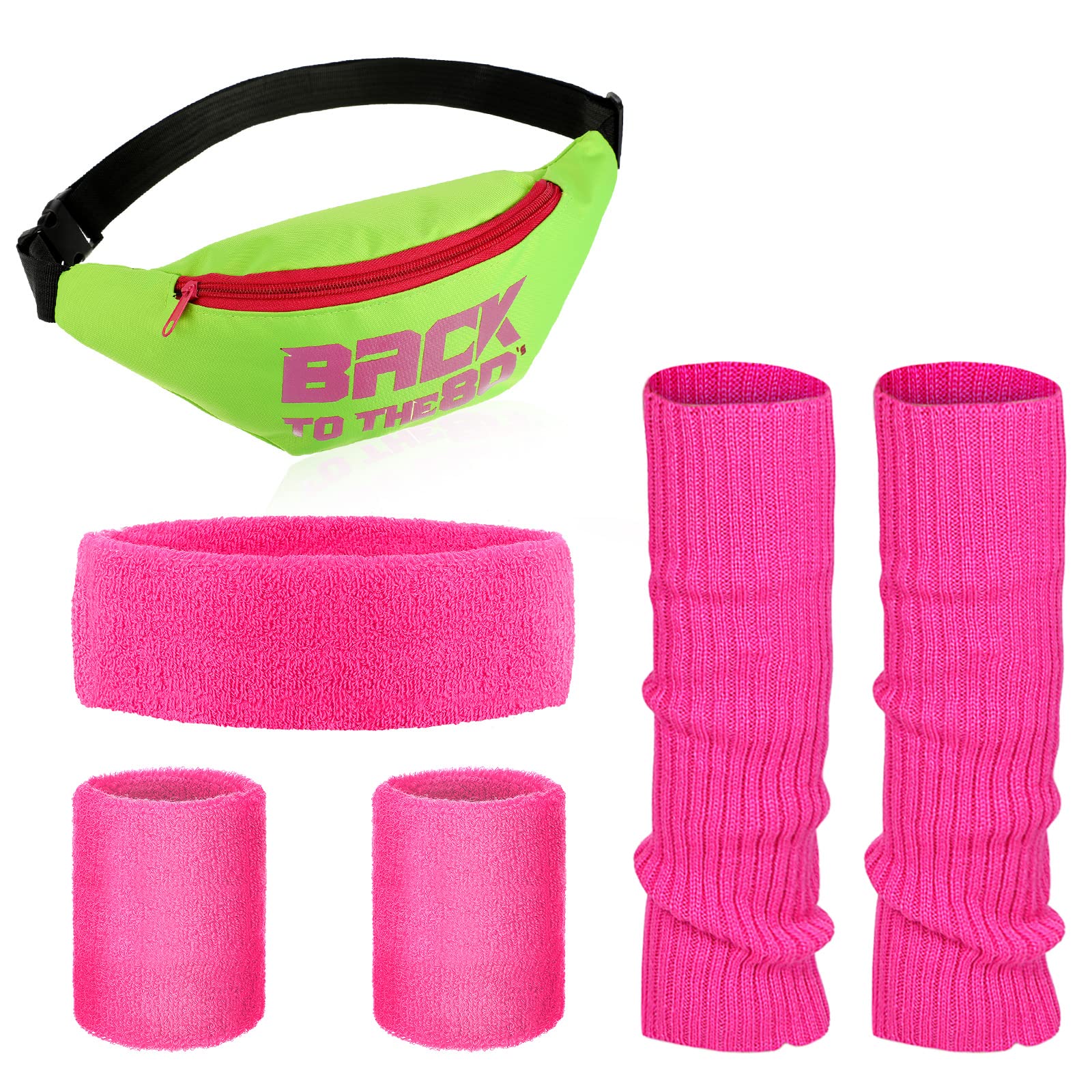 SATINIOR80s Women Workout Outfit Neon Leg Warmer Headband Wristbands Fanny Pack Set 80s Accessories for Yoga Running