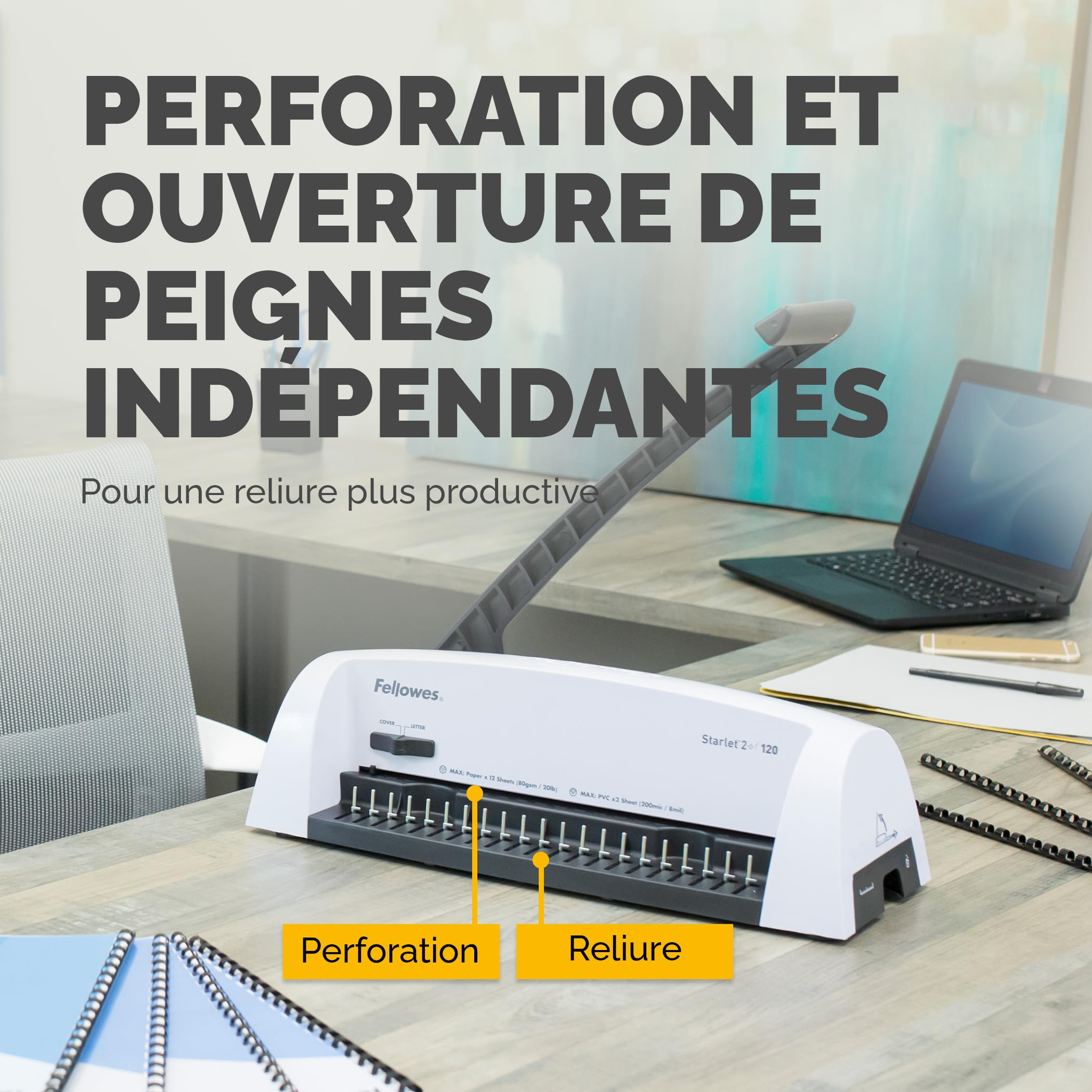 Fellowes Starlet 2+ Machine à relier A4 – Perfore 12 feuilles – Reliure manuelle à anneaux plastique – 120 feuilles