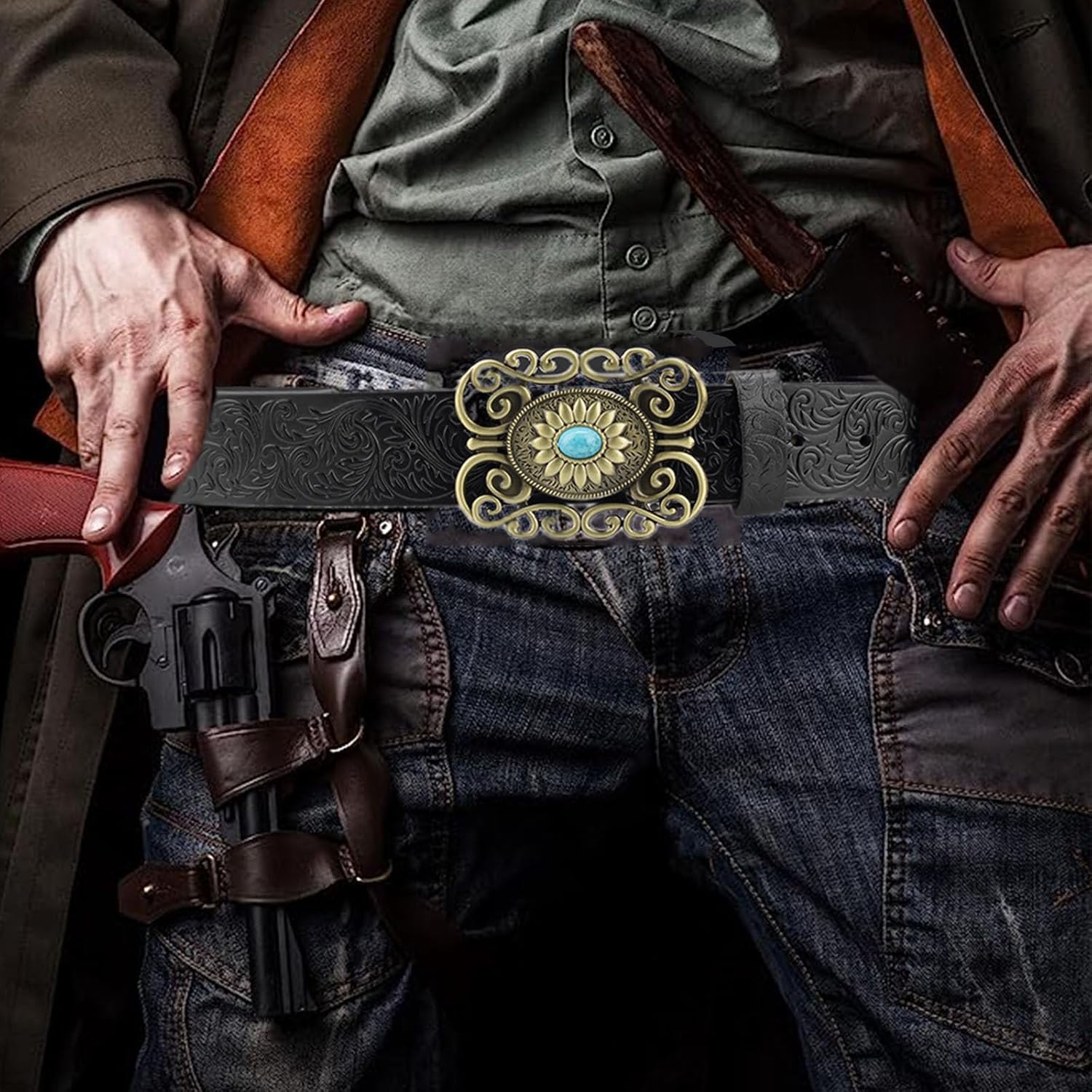 Women's and Men's Belt Leather, Cowboy Belt Mens Turquoise Square Buckle Vintage Embossed Engraved Belt,Orange,105CM/41.3''