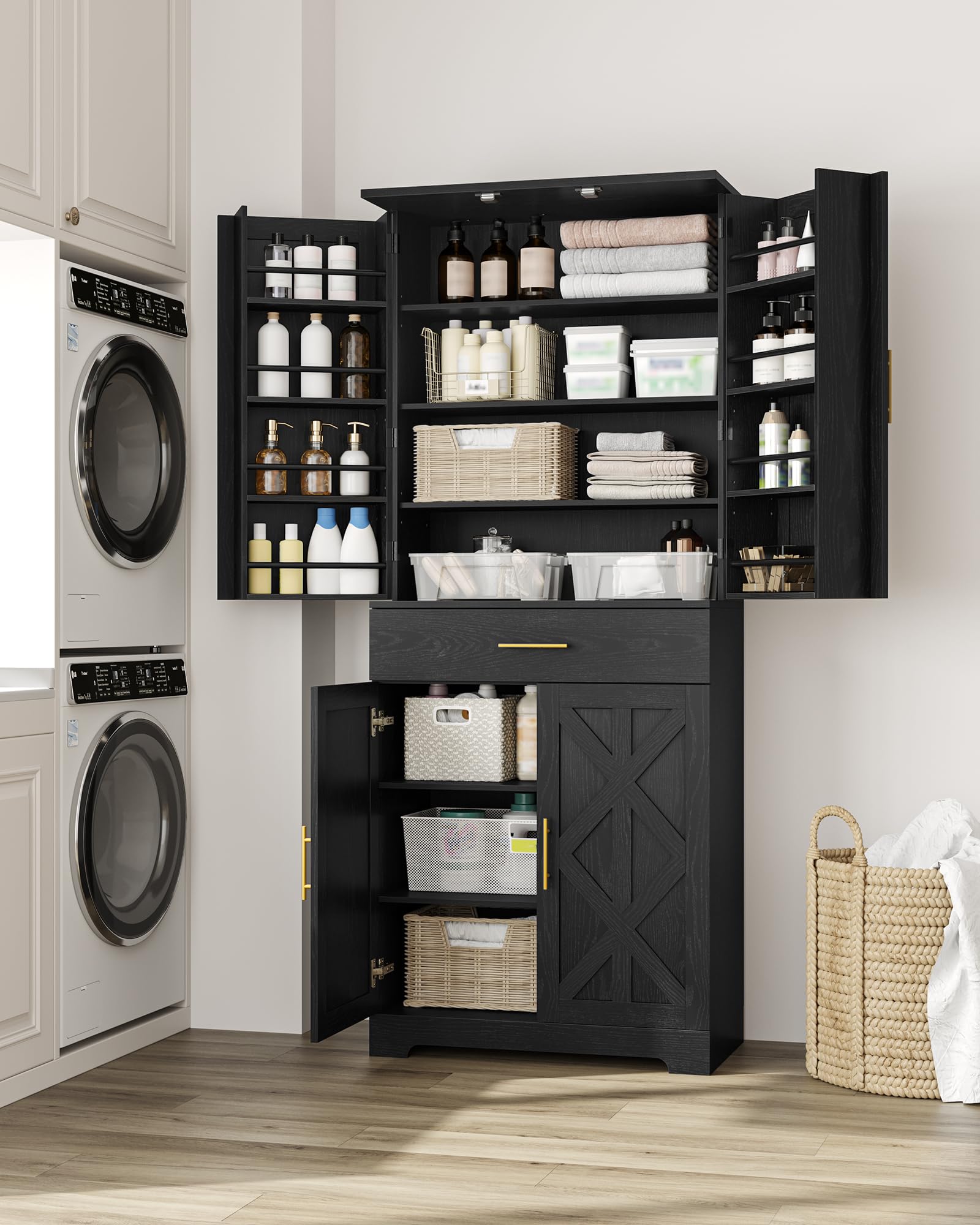 72" Kitchen Pantry Storage Cabinet, Tall Pantry Cabinet with Barn Doors & 7 Adjustable Shelves, Drawer, Freestanding Buffet Cupboards Sideboard for Kitchen, Dining Room, Black PT02404X