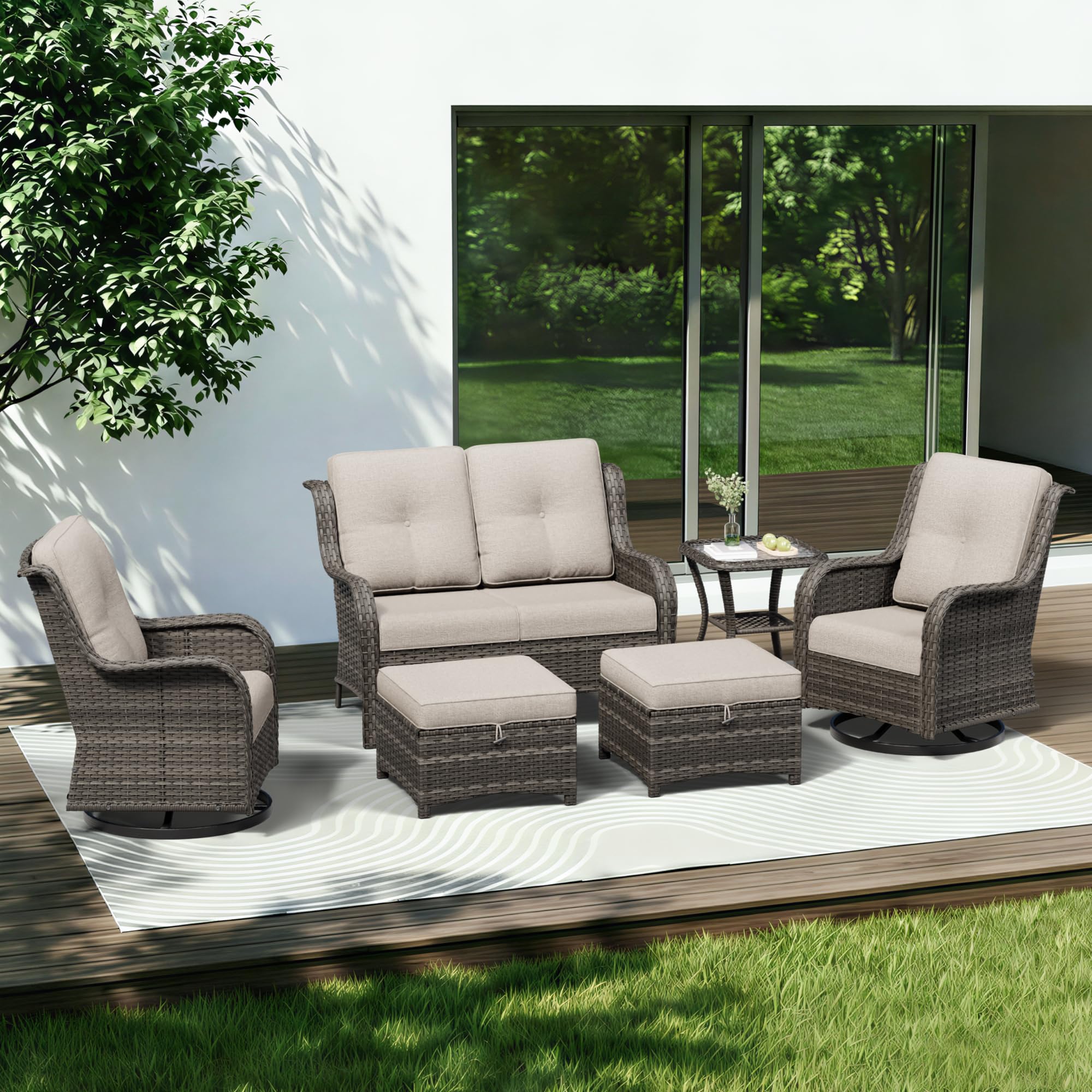 6 Piece Outdoor Wicker Patio Furniture Set, Outdoor Swivel Rocker Patio Chairs Set with Thickened Olefin Cushions, High Back and Deep Seating, Hand-Woven PE Rattan for Porch, Deck