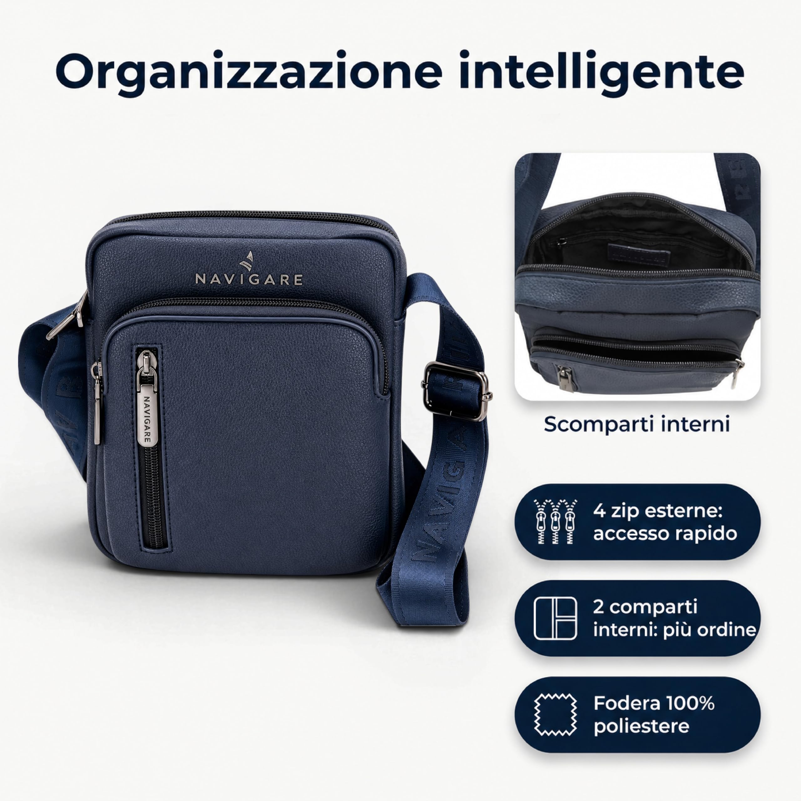 Navigare BORSELLO UOMO TRACOLLA – Borsello Uomo in Ecopelle con Tracolla Regolabile, 2 Tasche con Zip e Scomparti Interni, Stile Elegante e Casual per Lavoro, Viaggio e Tempo Libero