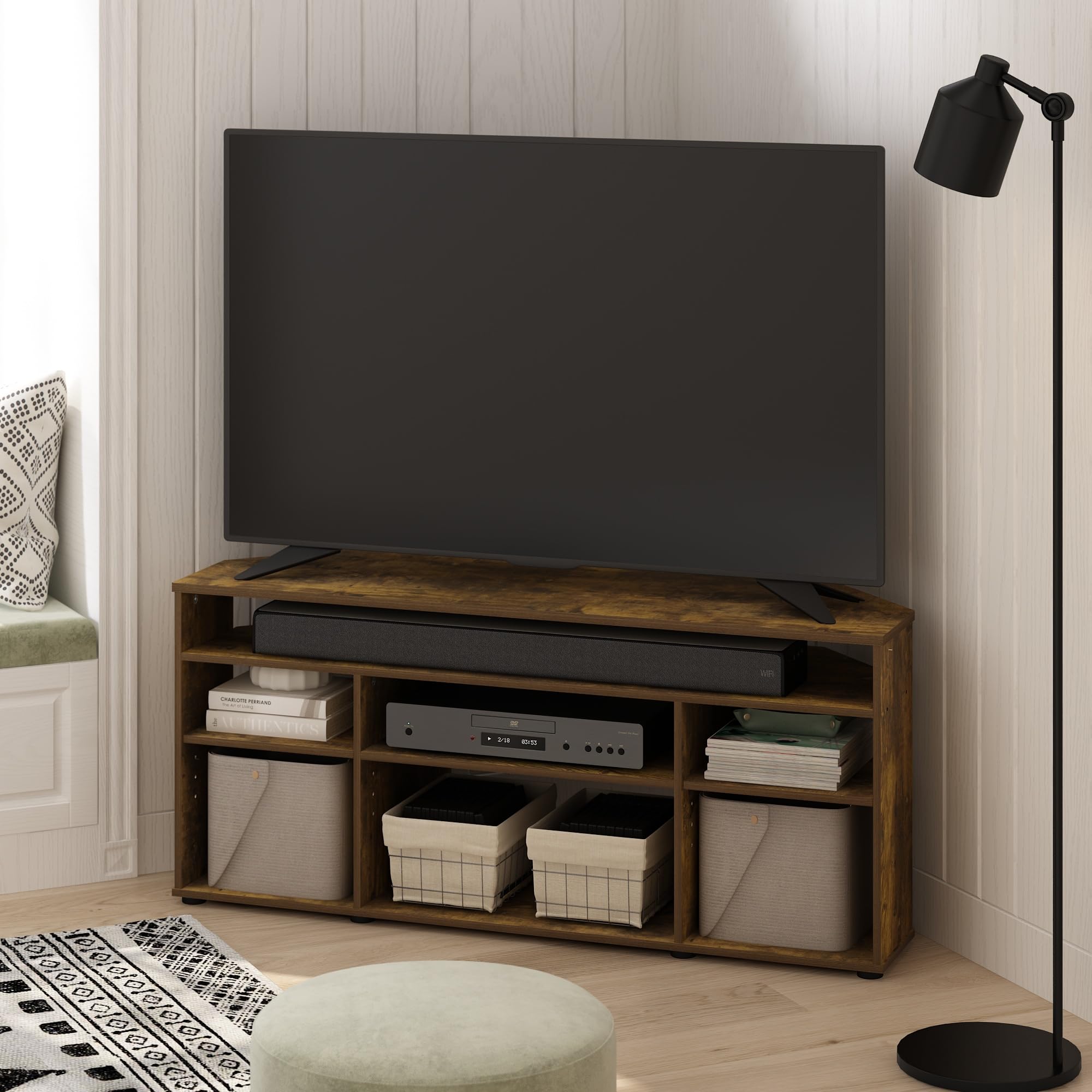 Furinno BESI Mobile porta TV, centro d’intrattenimento stile industriale con montaggio senza attrezzi, consolle TV per TV fino a 46 pollici, Pino ambrato