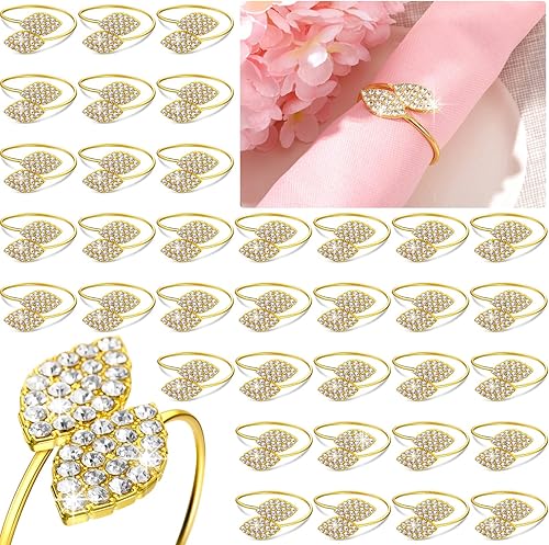 Hotop Juego de 24 servilleteros de hojas de metal, servilleteros con diamantes de imitación para bodas, fiestas, celebraciones, festivales,