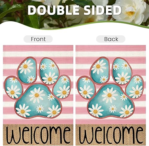 Miniatura 7 de EKOREST Banderas de jardín de primavera de bienvenida para exteriores, pata de perro con margaritas y rayas, decoración de patio, pequeña decoración