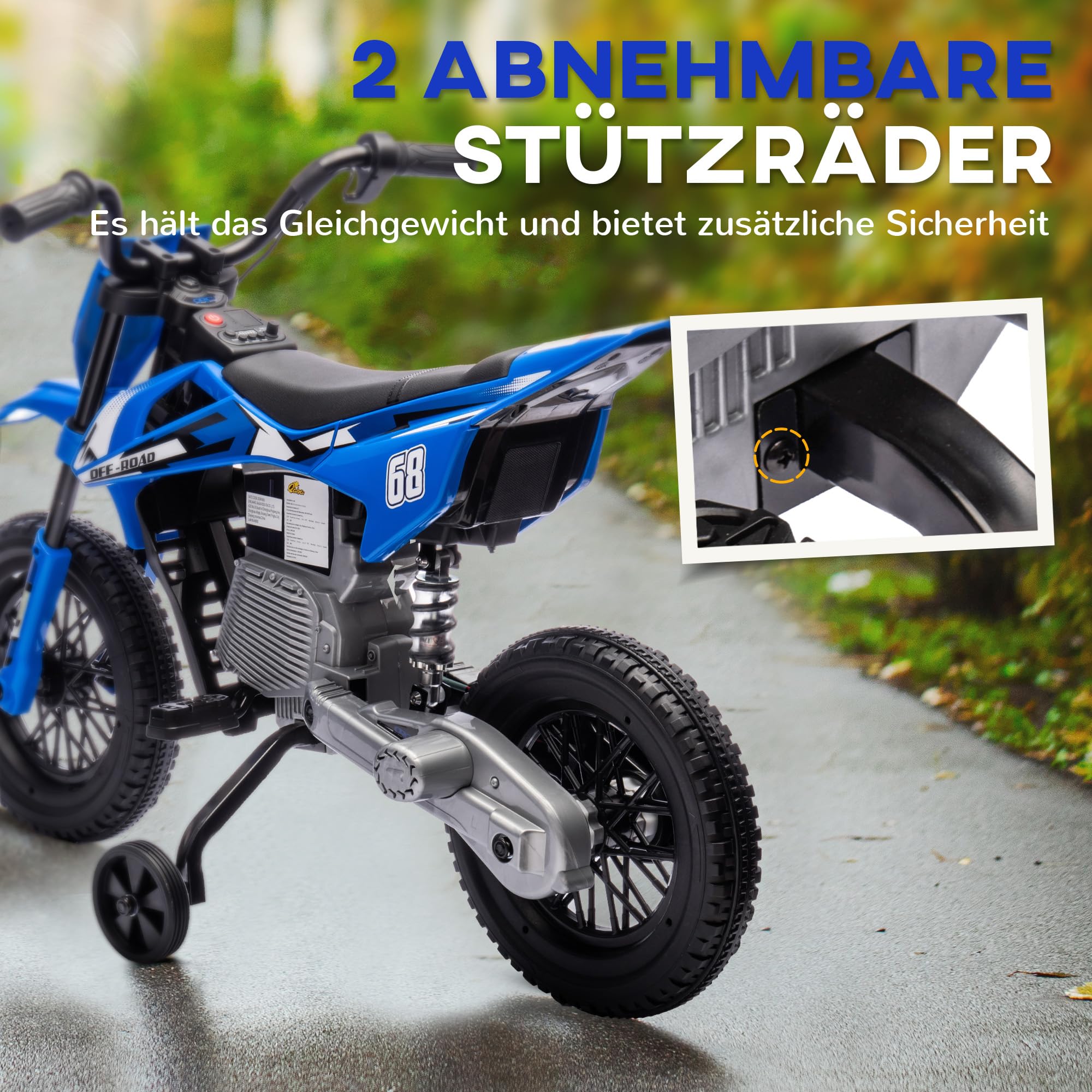 AIYAPLAY Elektro Kindermotorrad mit Musik, 2 Stützrädern, 3-6 Jahre, Blau | Elektromotorrad, Kinder Elektro Motorrad, 2,4-5 km/h