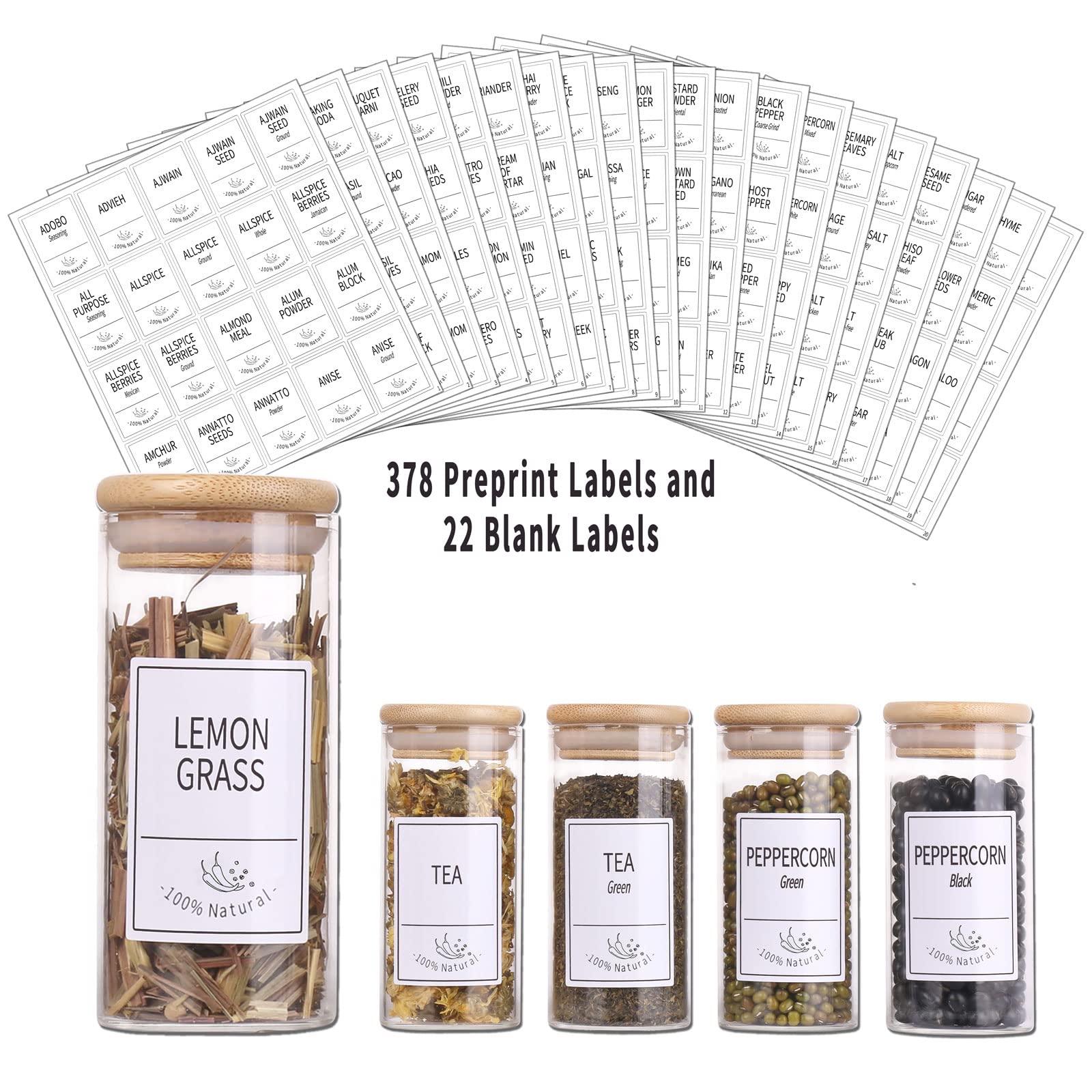 23 Glass Spice Jars with Bamboo Airtight Lids, 400 Spice Labels, Funnel and Chalk Marker Set- Churboro Spice Containers, 4 OZ Glass Storage Jars.