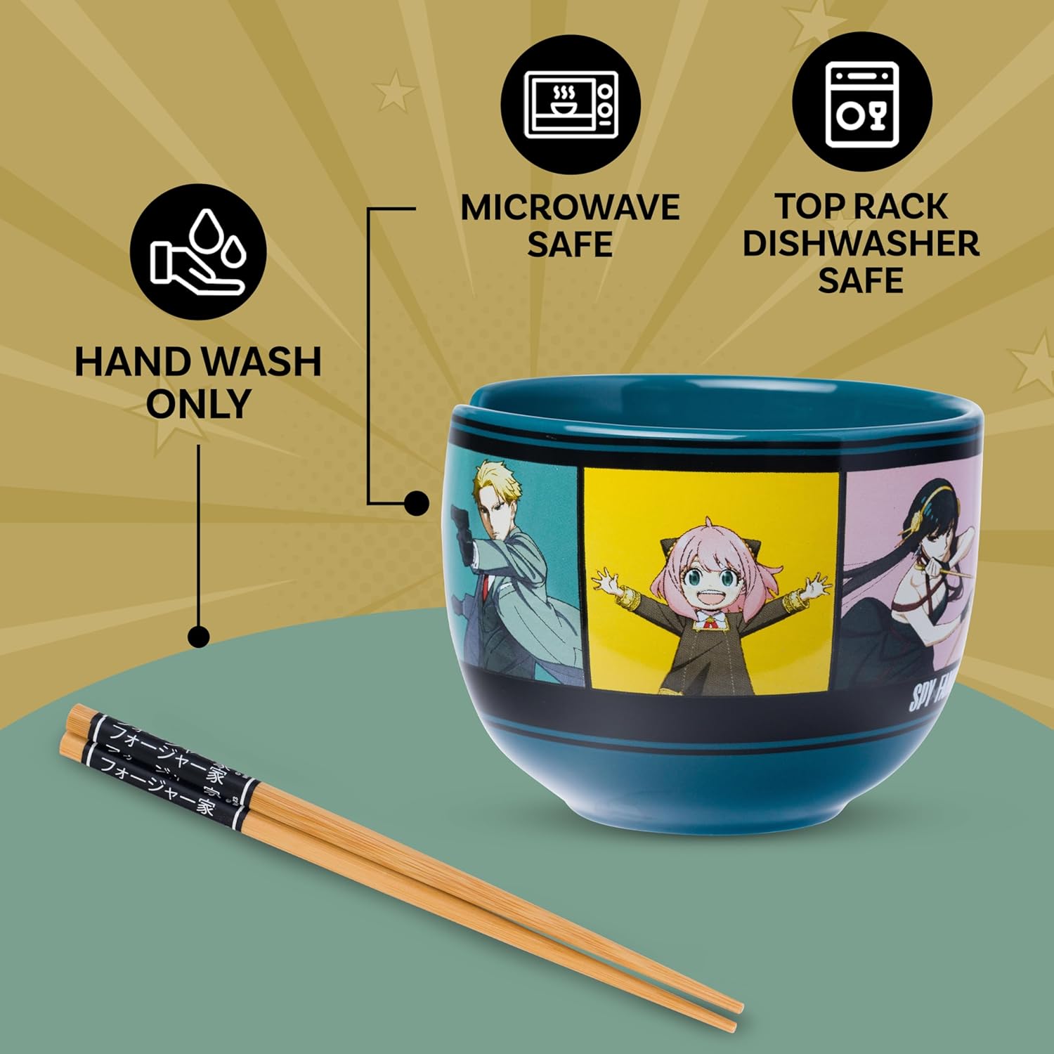 Silver Buffalo Spy X Family Anime Featuring Anya, Loid, and Yor Forger, Ceramic Ramen Noodle Rice Bowl with Chopsticks, Microwave Safe, 20 Ounces
