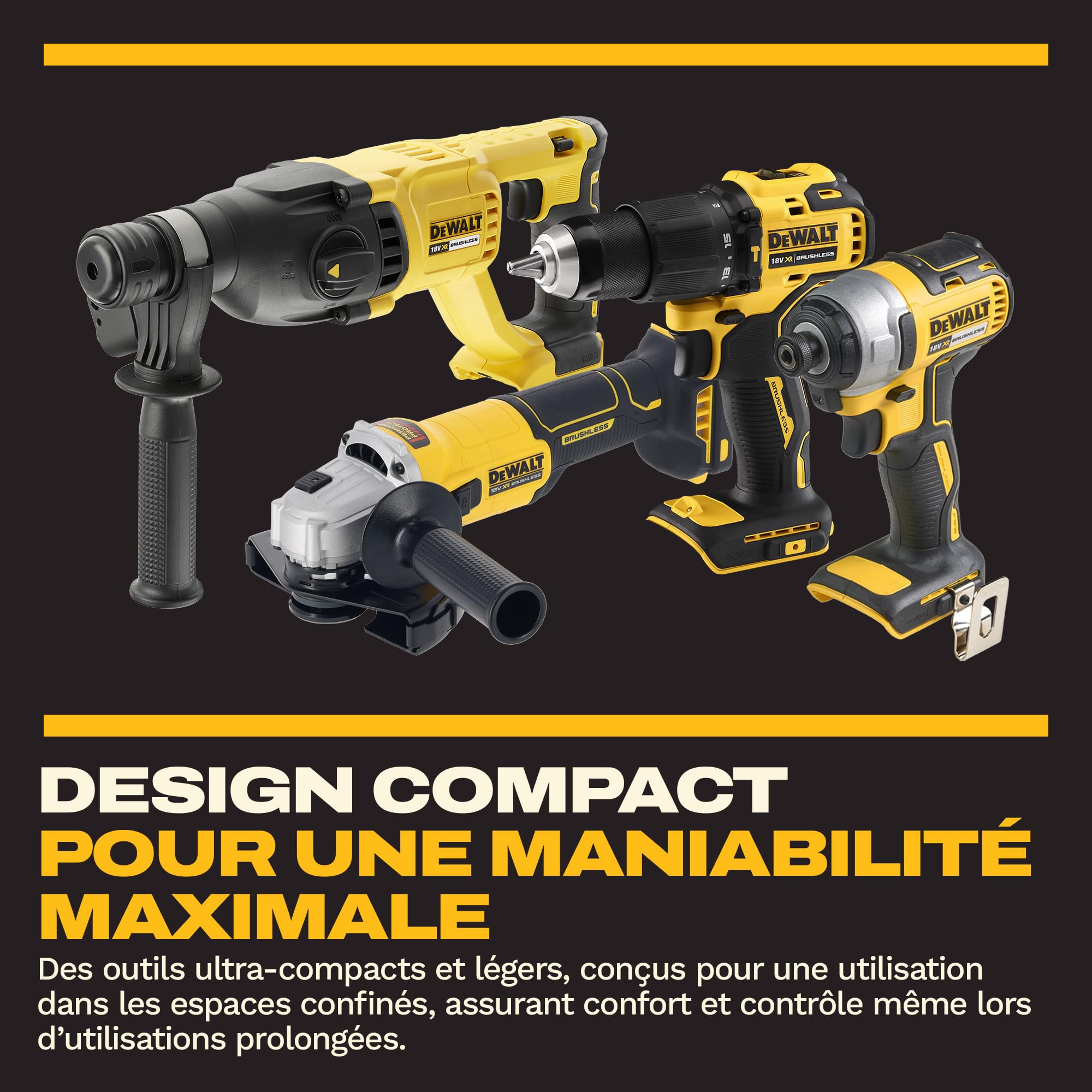 DEWALT Kit Combiné 18V 4 Outils (Perceuse à Percussion Compacte, Visseuse à Impact, Marteau Rotatif SDS-Plus 18V, Meuleuse d’Angle 125mm) avec 3 Batteries 4Ah dans Sac Souple, DCK424M3-QW