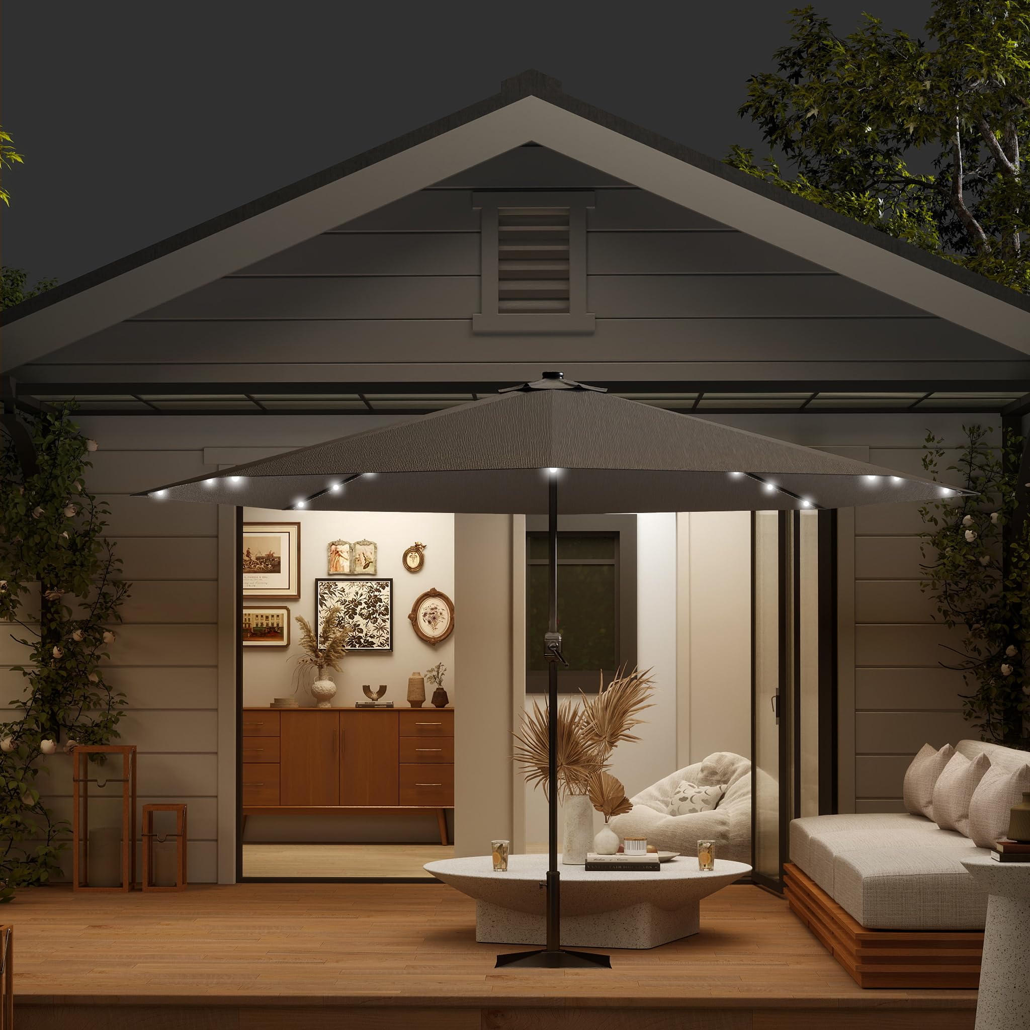 LZQ Sonnenschirm Balkon Ø 350cm Gartenschirm mit Solar LED Beleuchtung Alu Marktschirm mit Handkurbel Strandschirm Rund Terrassenschirm Wasserabweisende UPF 40+(Dunkelgrau, Winkel Nicht Verstellbar)