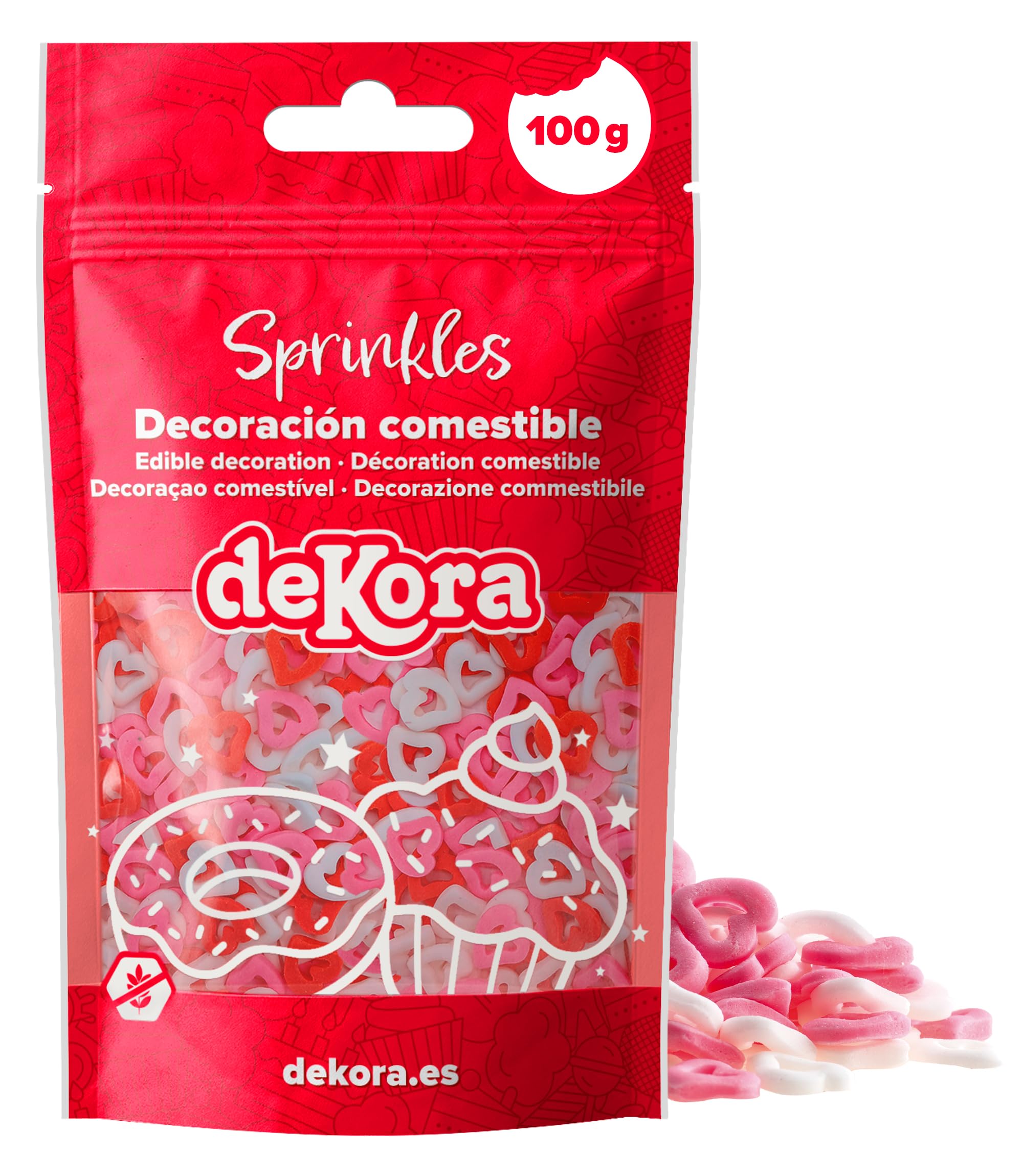 dekora - Sprinkles cukrowe w kształcie pustych serduszek, 100 g – dekoracja tortu i babeczek na Walentynki – z naturalnymi barwnikami