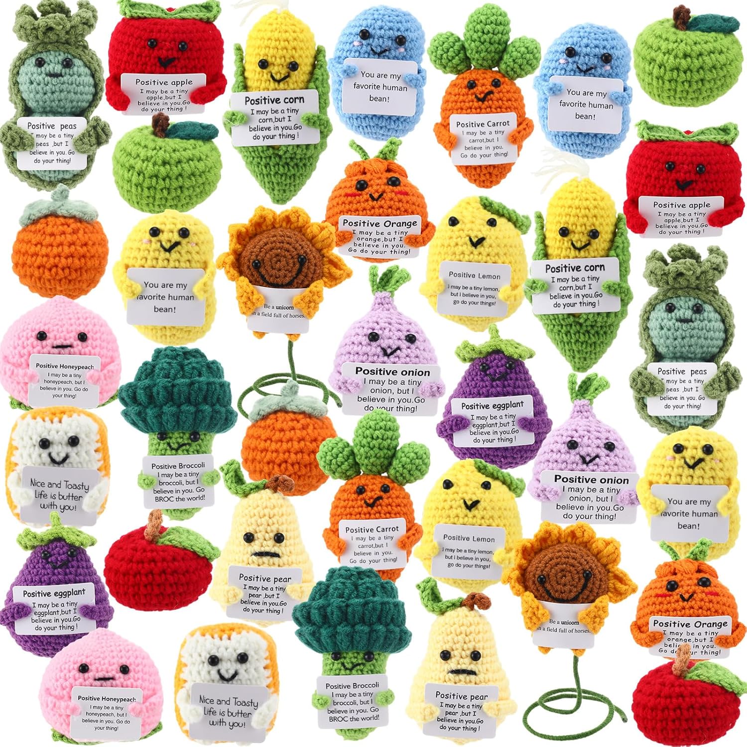 36 Pcs Positive Fruit Vegetable Crochet Animal Dolls with Positive Cards Emotional Crochet Potato Support Handmade Knitted Doll Bulk for Employee Appreciation Encouragement Gift Home Decor