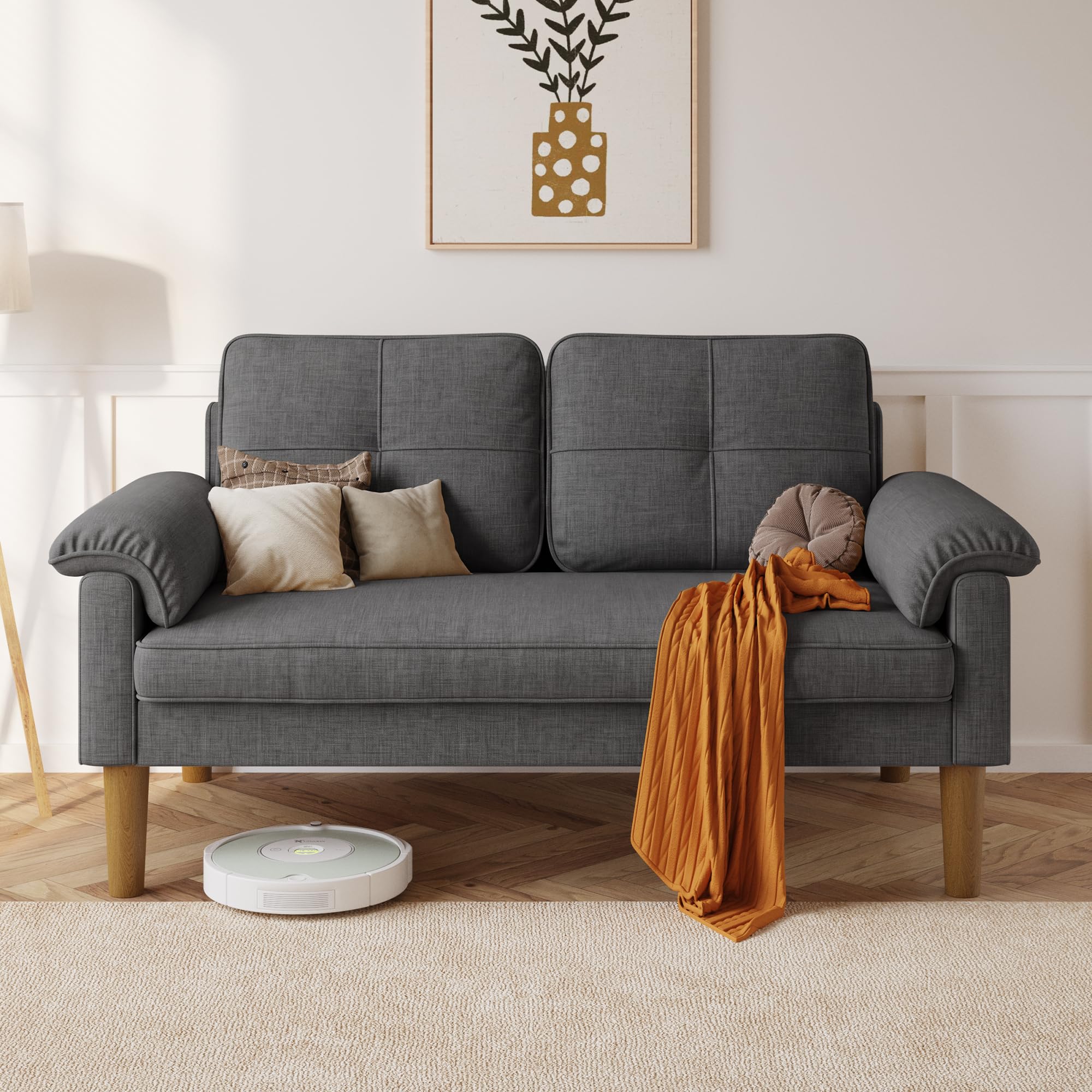 Xbro Divano a 2 Posti con Braccioli e Tasche Laterali, Piccolo Divano in Tessuto per Soggiorno, Appartamento, Ufficio, Facile da Montare, 145 x 77 x 77 cm, Grigio Scuro