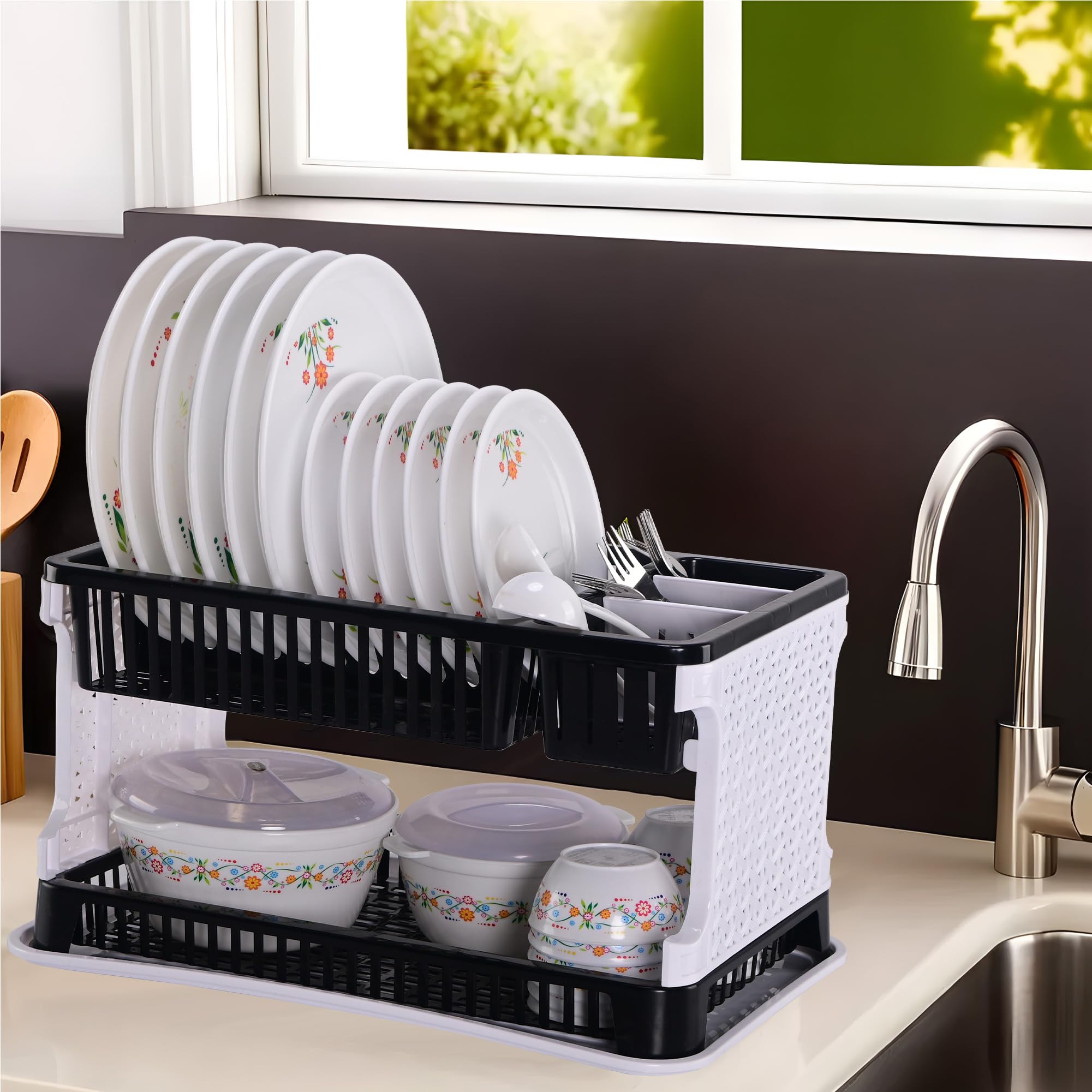 Kuber Industries Plastic 2 Tier Dish Drainer Rack for Kitchen | Kitchen Vessels Storage Rack | Bartan Stand | Drainer Drying Rack Washing Basket with Tray | Kitchen Utensils Organizer | Black & White