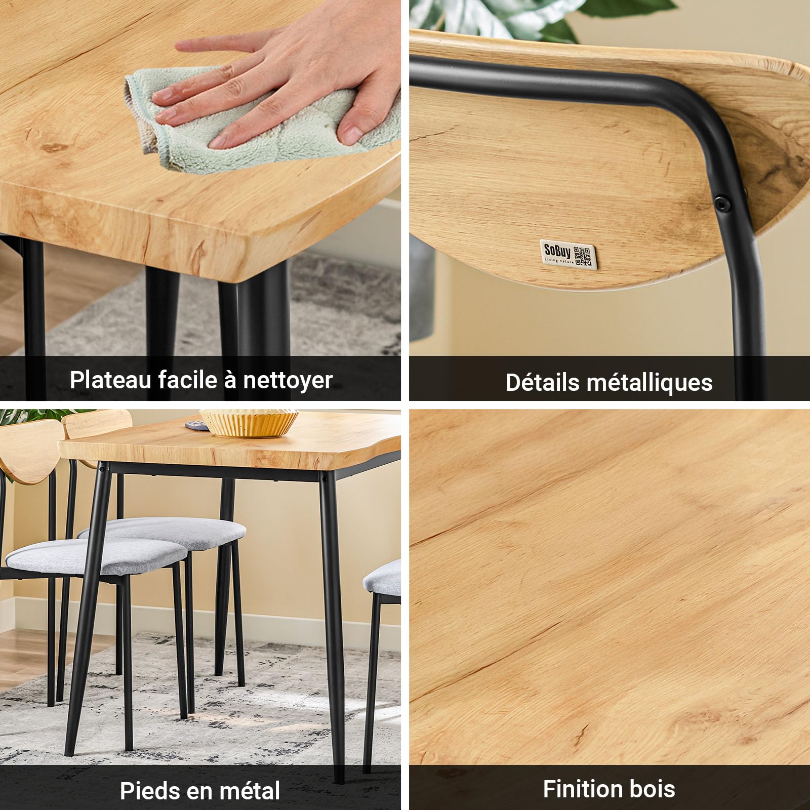 SoBuy Ensemble de Table à Manger 5 Pièces avec Chaises Confortables, Ensemble Table et Chaises 4, Table de Cuisine Compacte pour Petits Espaces, Idéale pour Salle à Manger, Cuisine, Salon OGT52-N