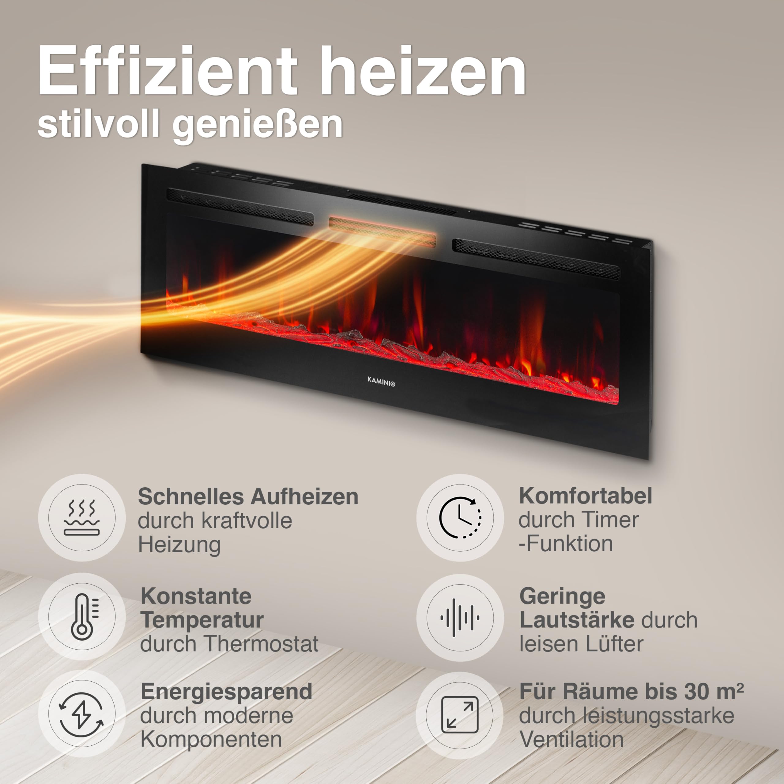 KAMINIO® Marlon PRO Elektrokamin mit Heizung [Stand, Einbau & Wand] | 3-in-1, elektrischer Kamin mit LED-Kaminfeuer in 12 Farben, Timer, Thermostat & Fernbedienung, inkl. Zubehör, schwarz