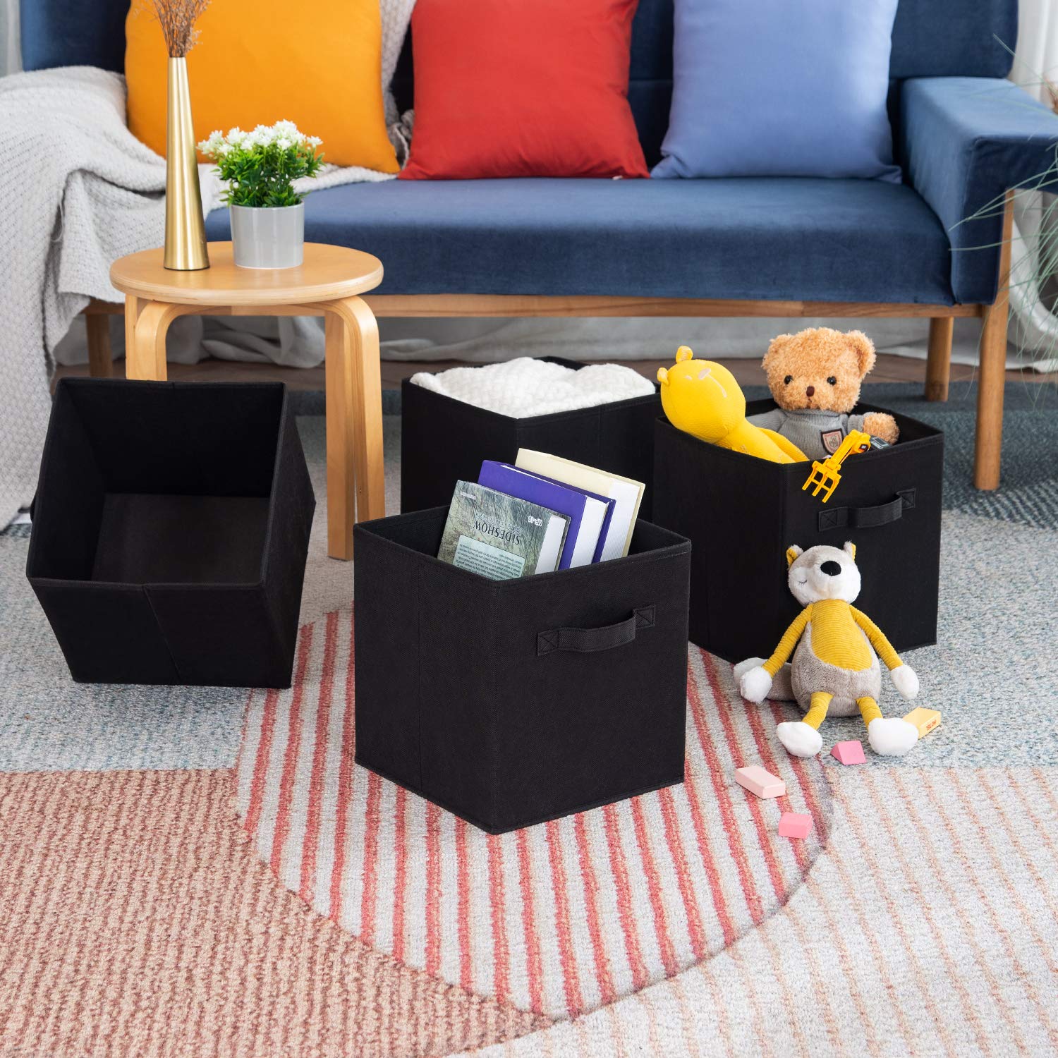 BrillantJo - Set di 4 contenitori Pieghevoli in Tessuto, con Manici per la casa, l’Ufficio, la cameretta dei Bambini,Noir, 33 x 38x 33 cm